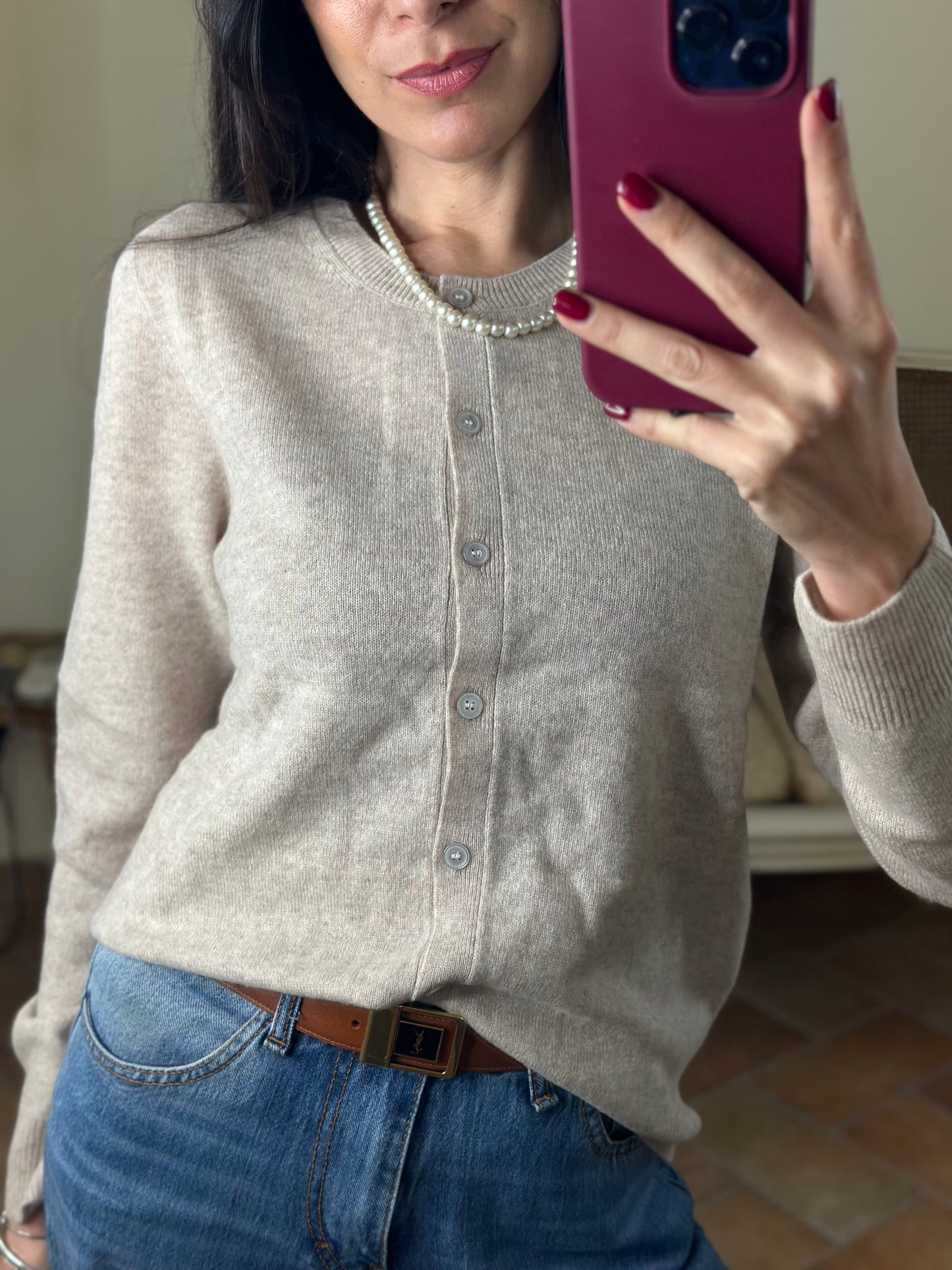 Cardigan paricollo misto cashmere PANNA