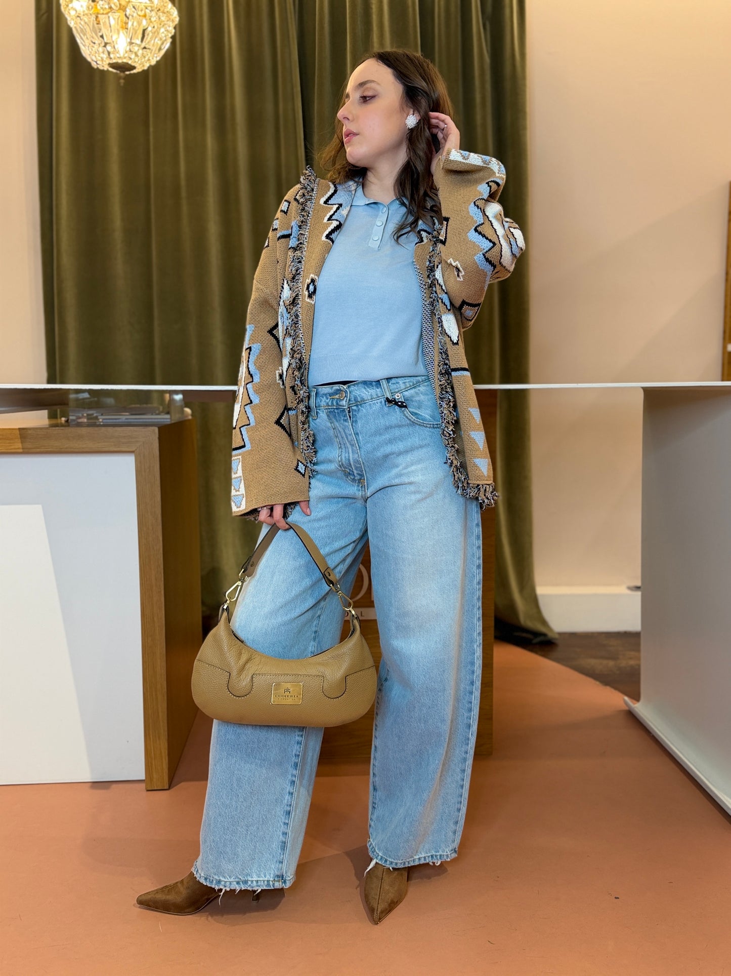 Tensione in cardigan rombo con frange CAMEL/AZZURRO/BURRO