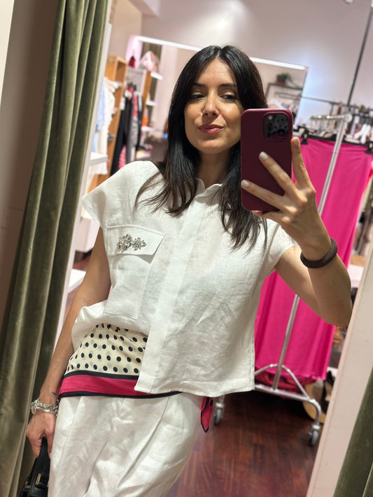 Tensione In - Camicia in lino taschino gioiello Bianca