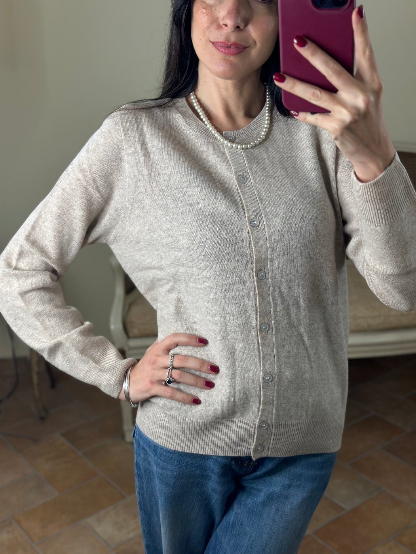 Cardigan paricollo misto cashmere PANNA