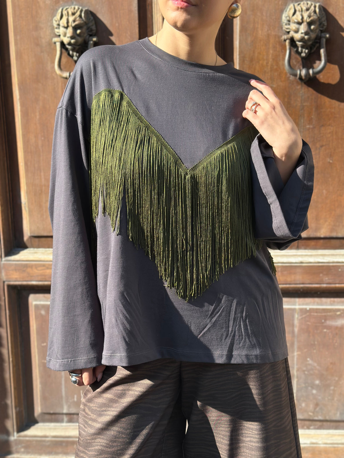 Tensione in maglia con frange ANTRACITE/MILITARE