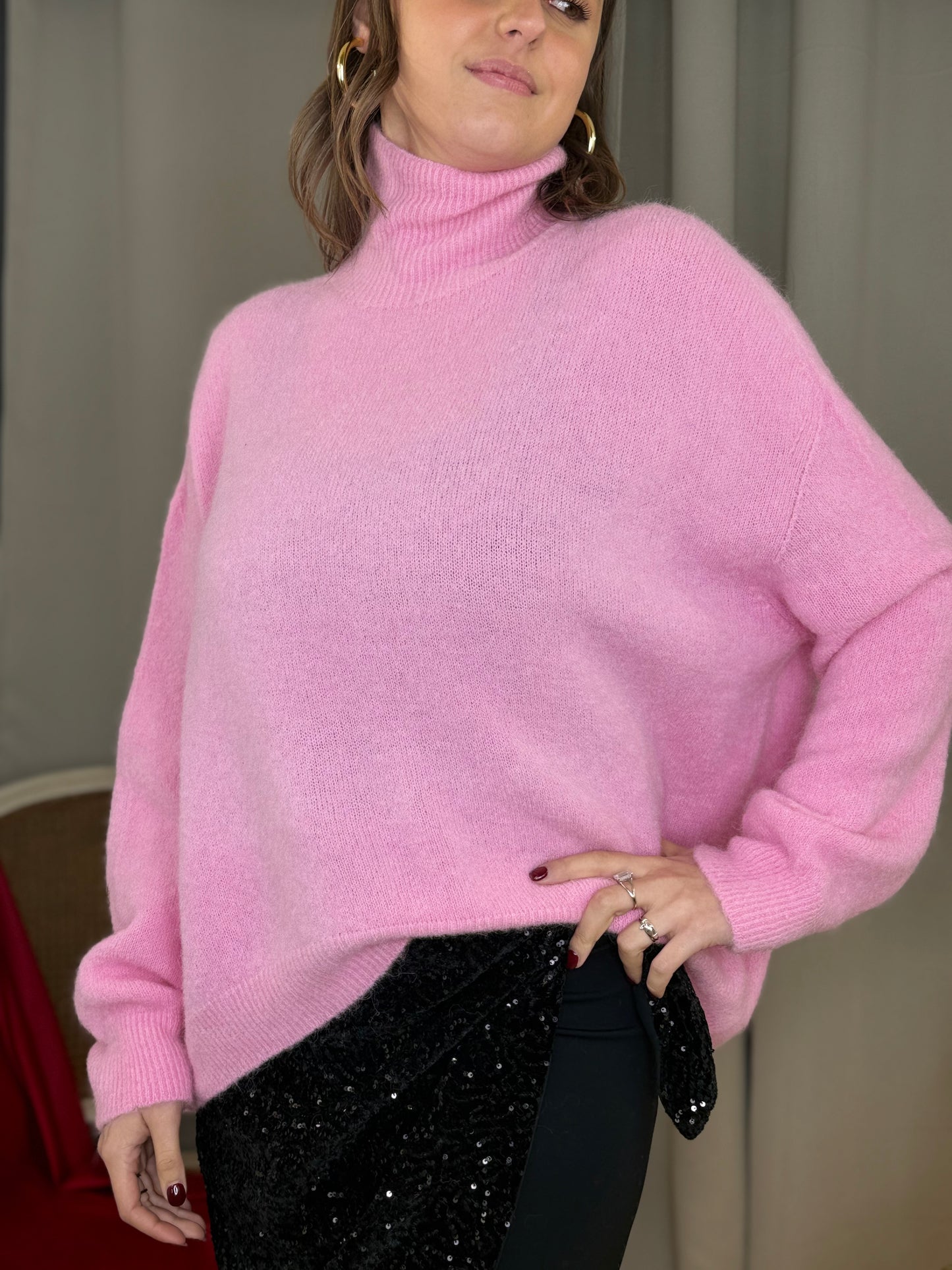 Maglia collo rialzato in baby alpaca ROSA