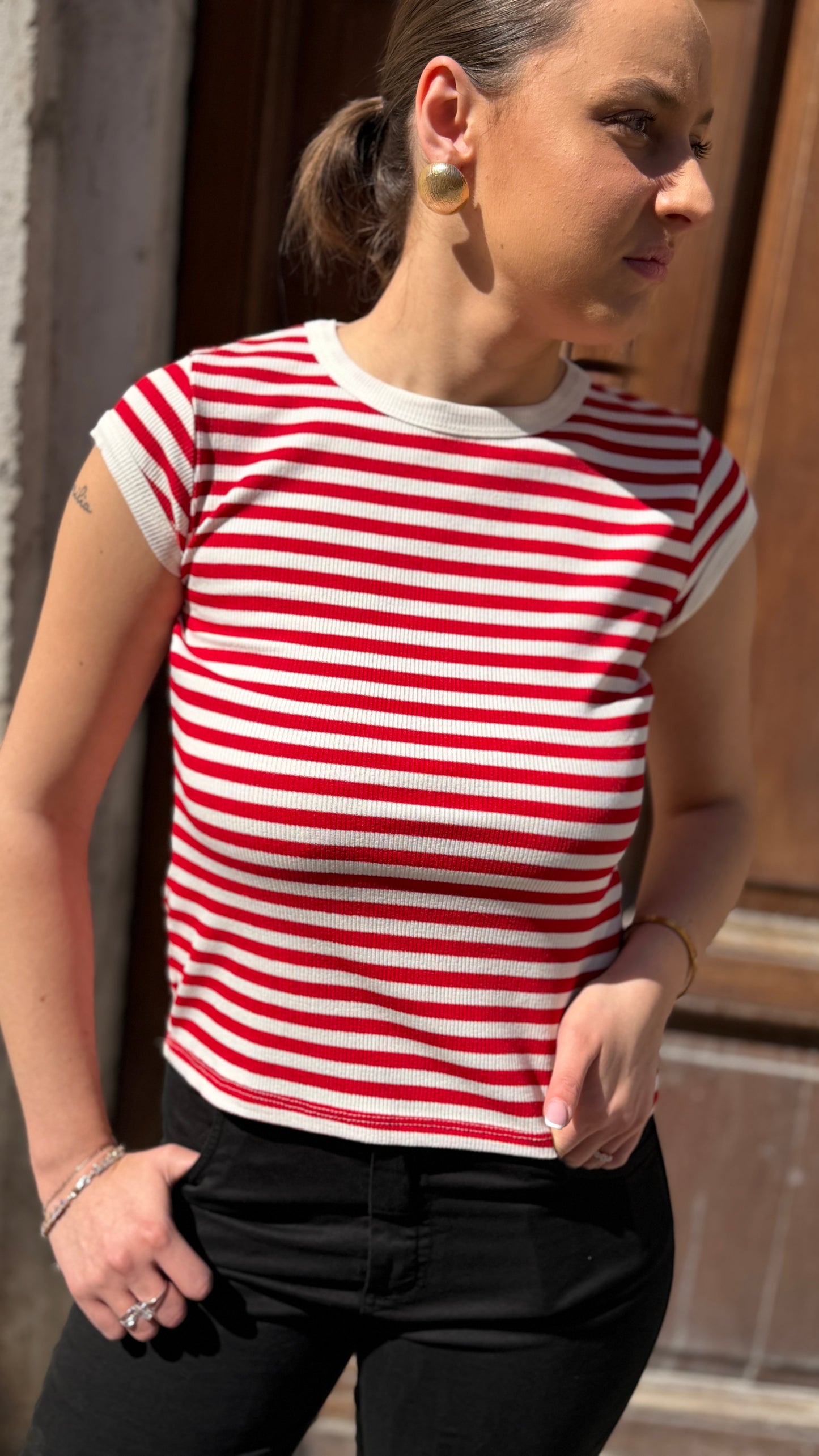 Tensione in t-shirt costina rigata Bianco/rosso