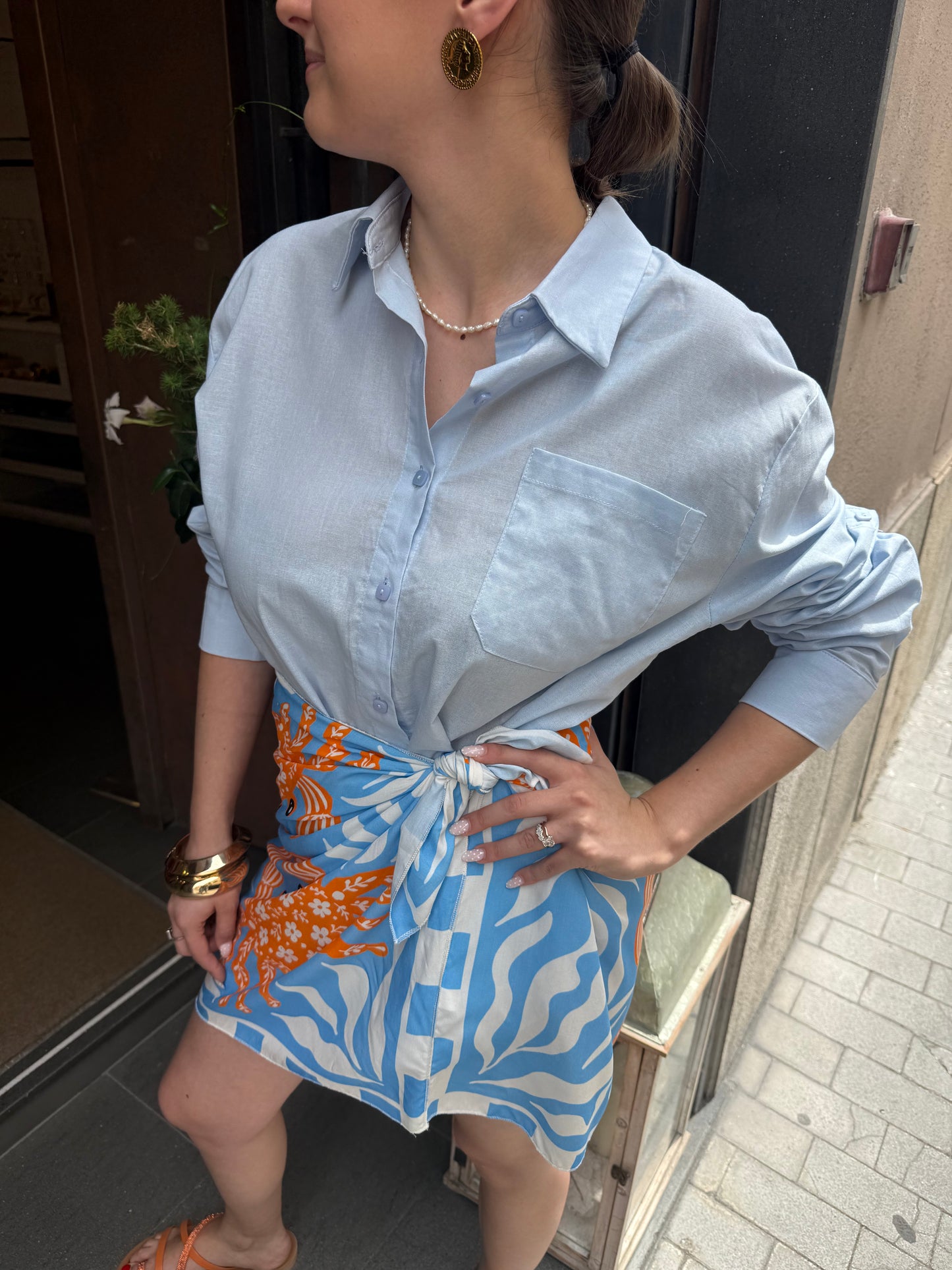 Camicia cotone e lino GESSO/ CIELO