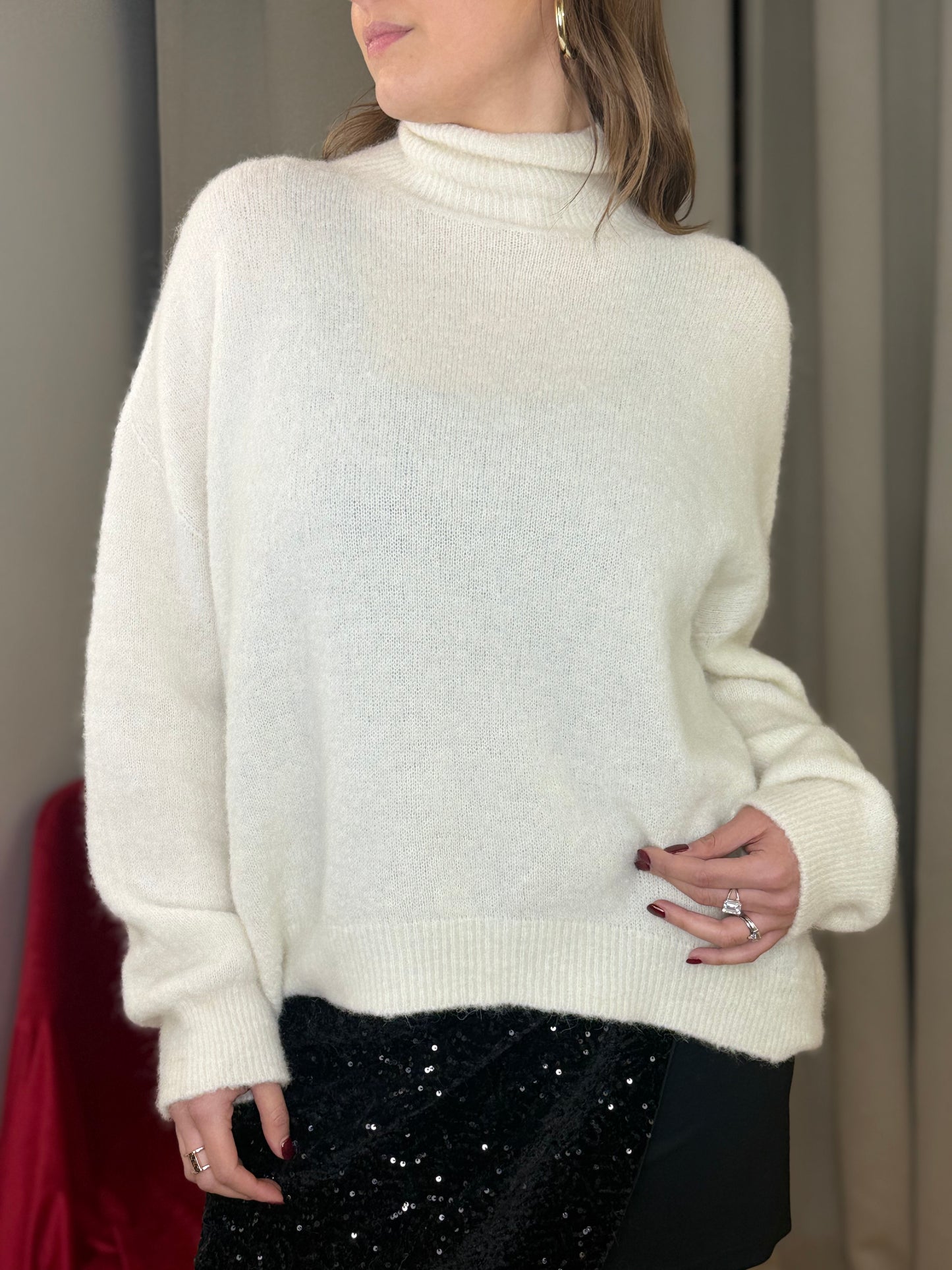 Maglia collo rialzato in baby alpaca PANNA