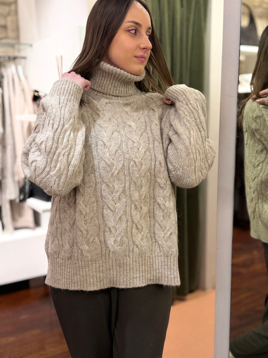 Tensione In Maglia collo alto con trecce in alpaca BEIGE