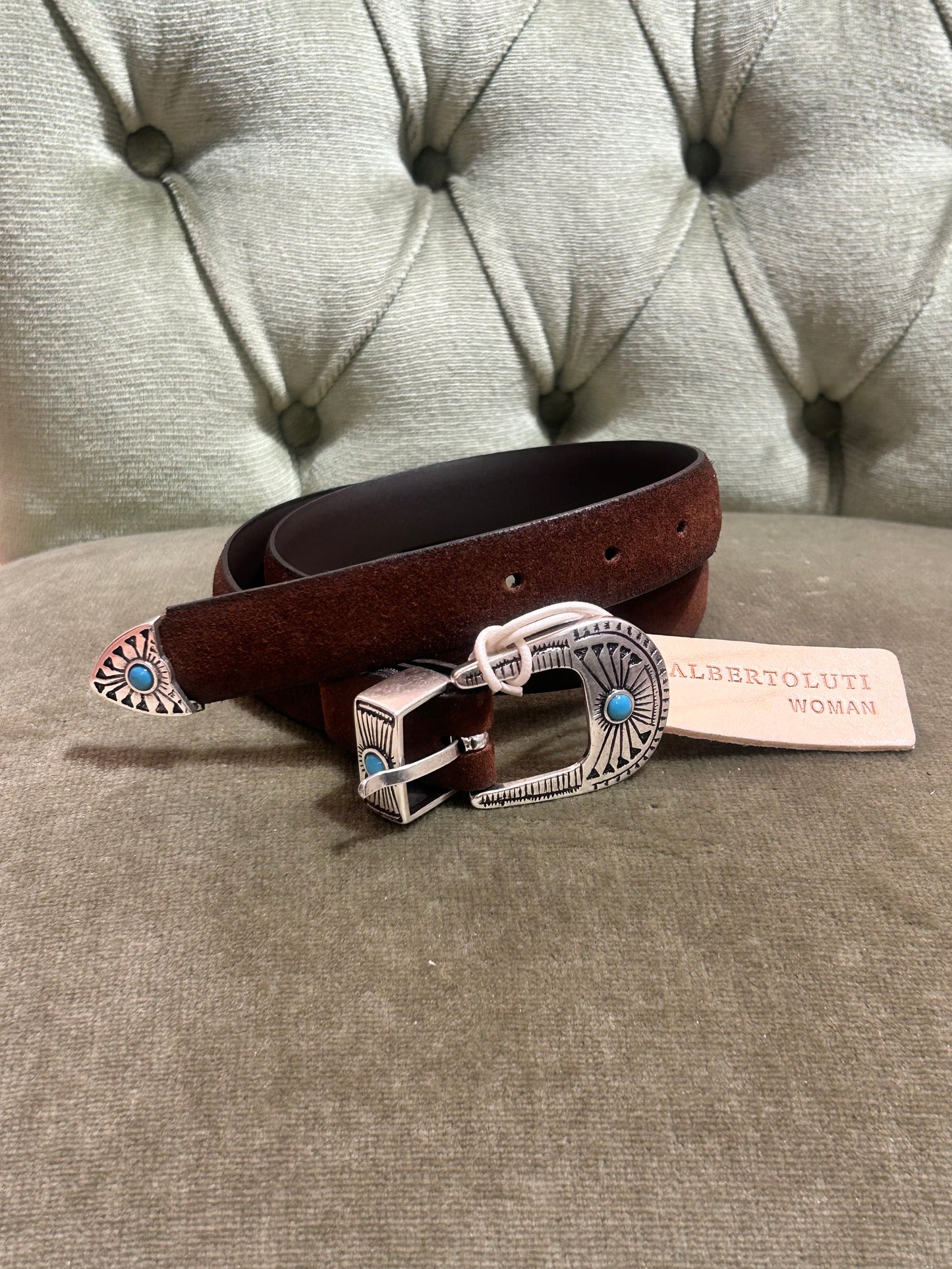 Alberto luti Cintura in suede con fibbia perla turchese