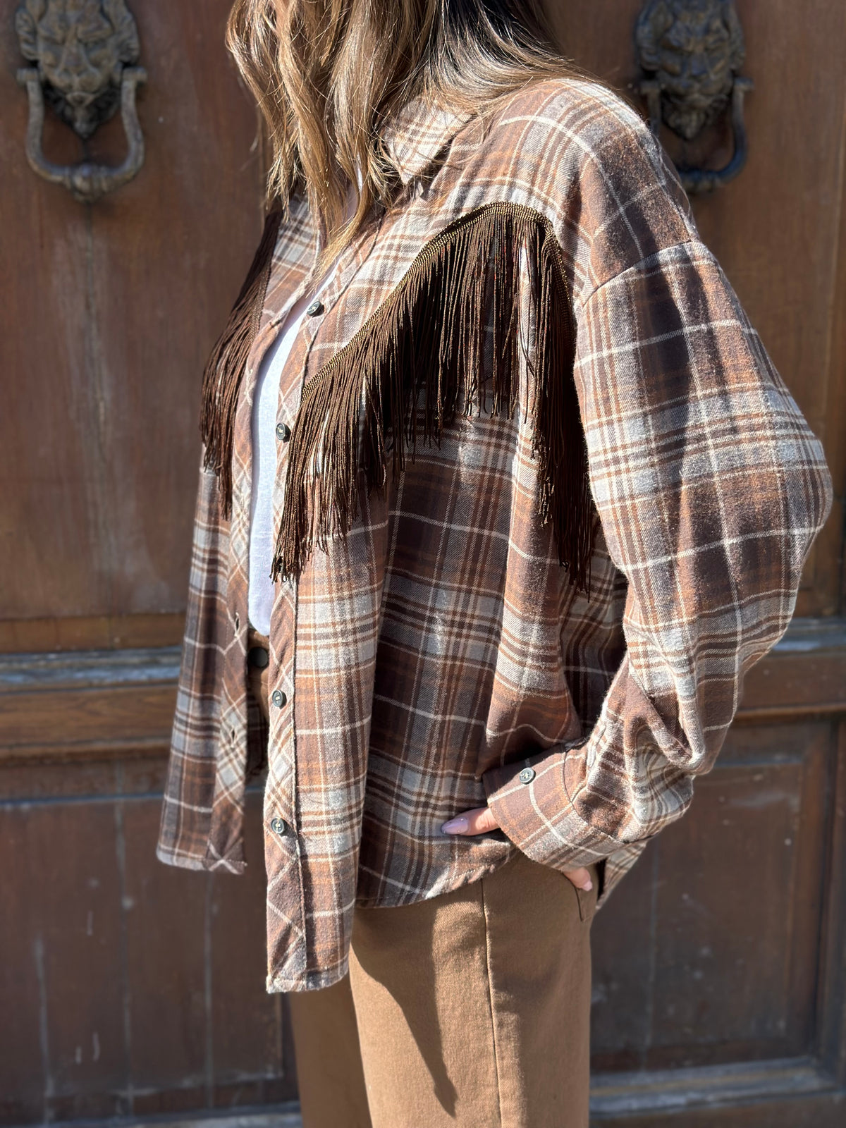Tensione in camicia quadro frange COGNAC/BIANCO/AZZURRO