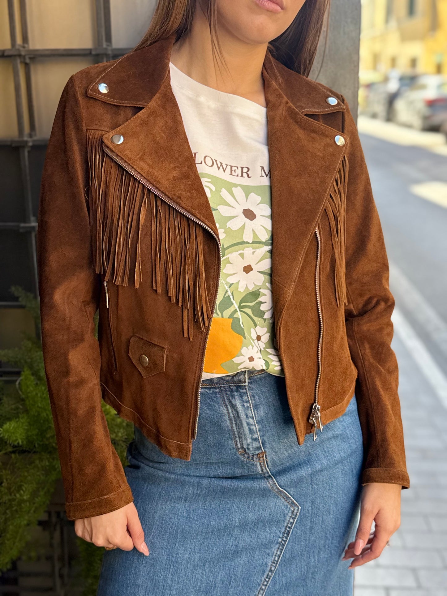 Chiodo in VERA PELLE con frange COGNAC