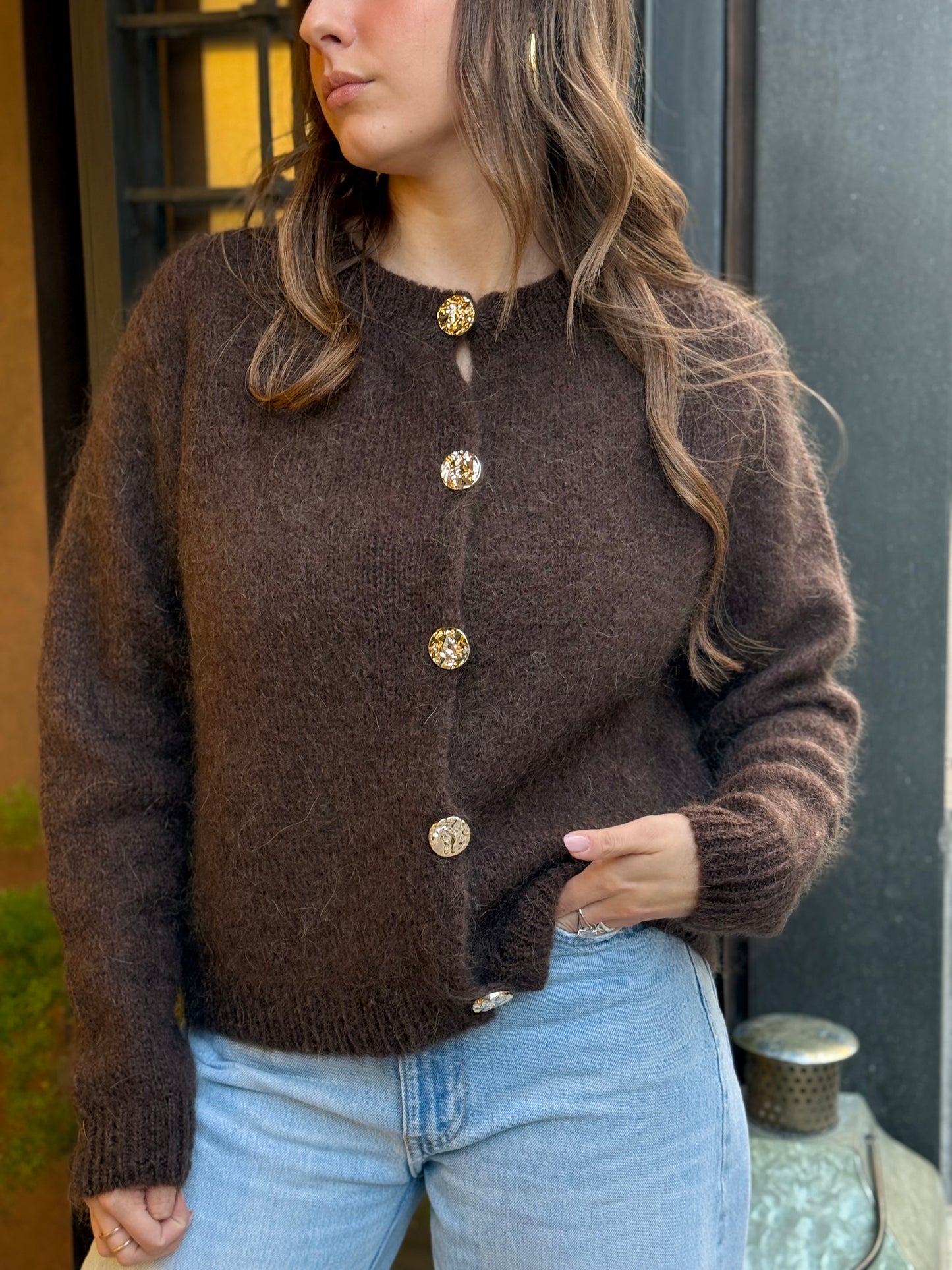 Cardigan DENISE paricollo con bottoni gioiello oro MORO