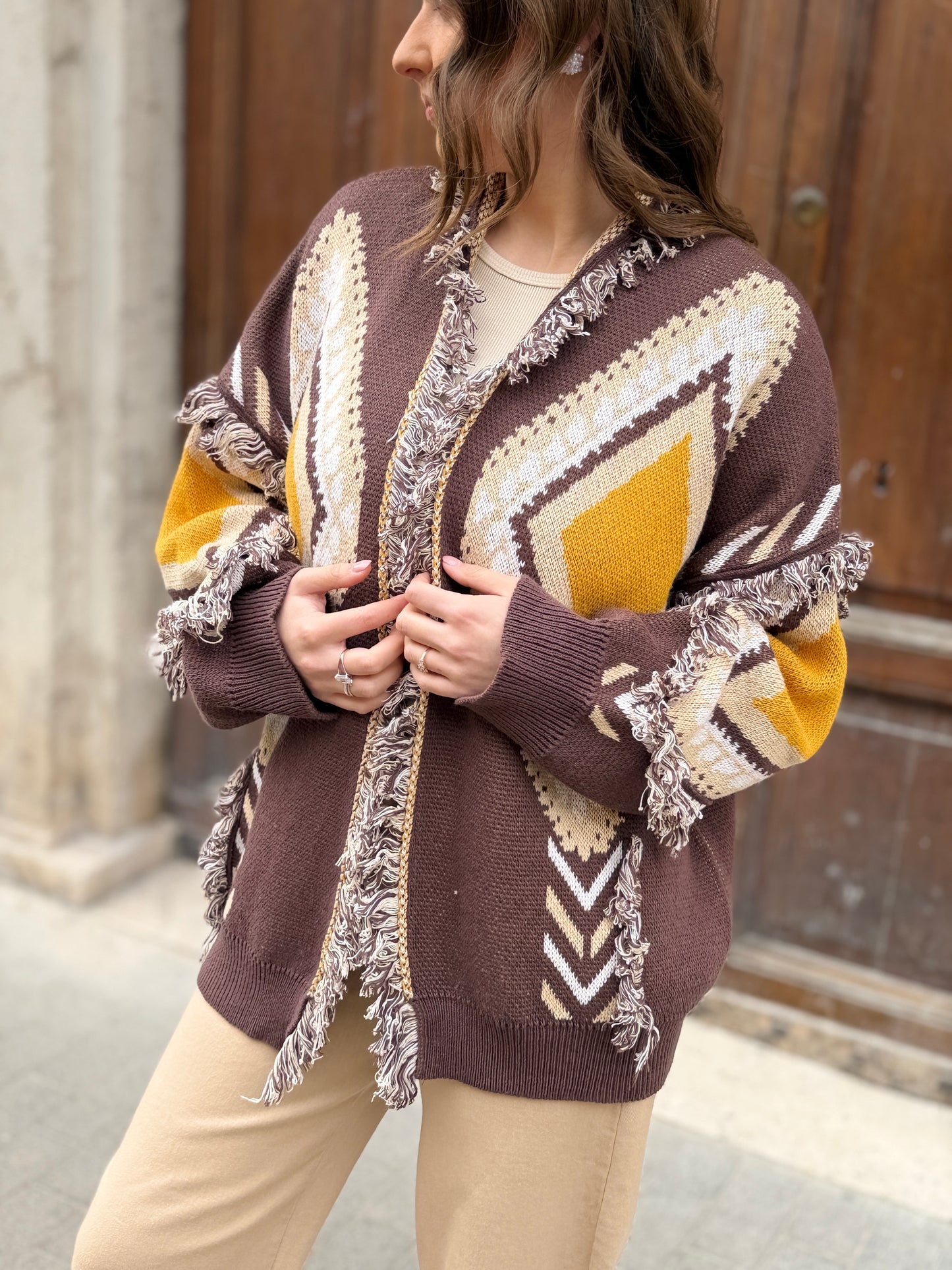 Tensione in Cardigan rombo con frange FONDENTE/OCRA/BURRO