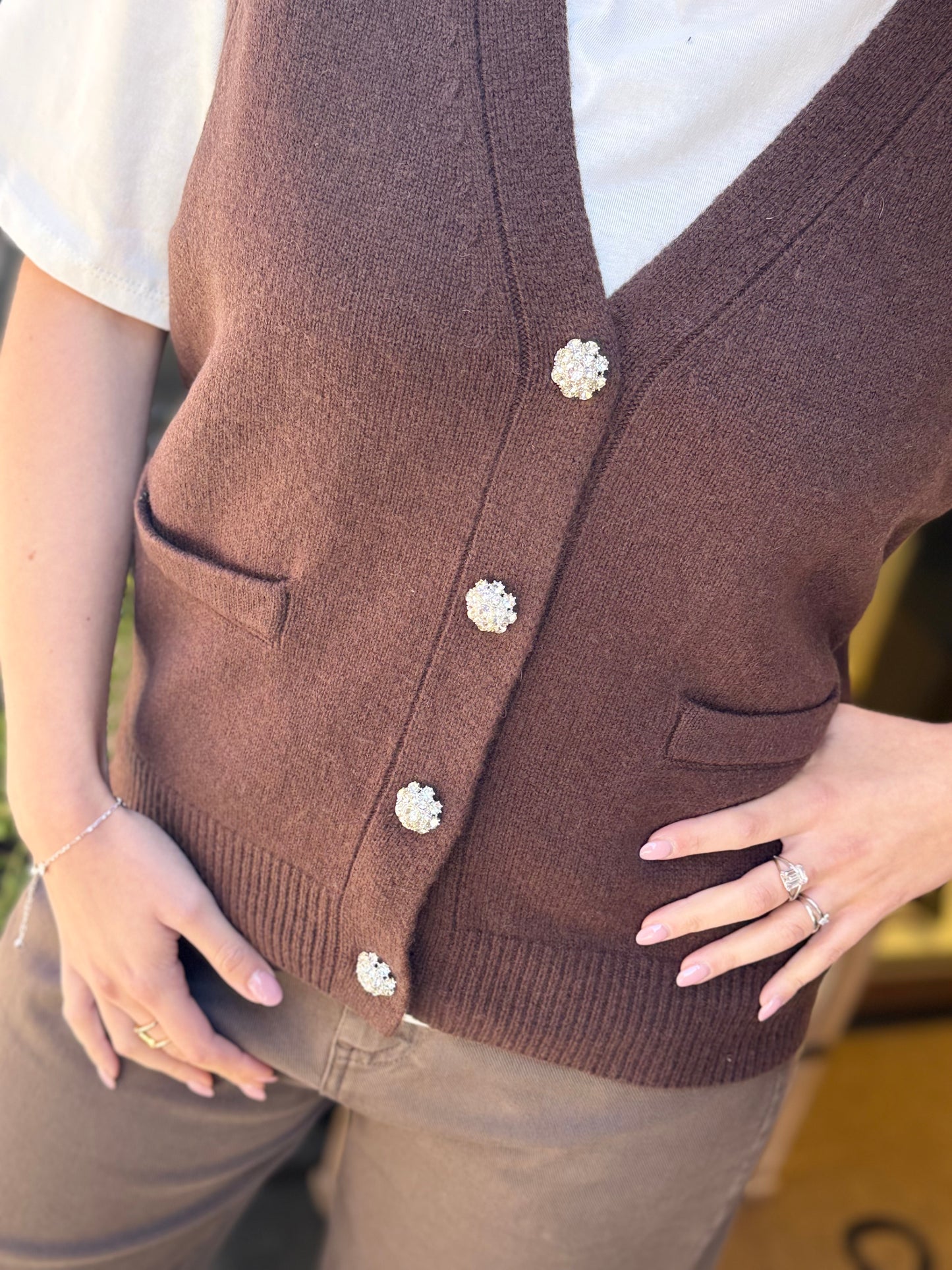 Gilet CELINE bottoni gioiello scollo a V CIOCCOLATO