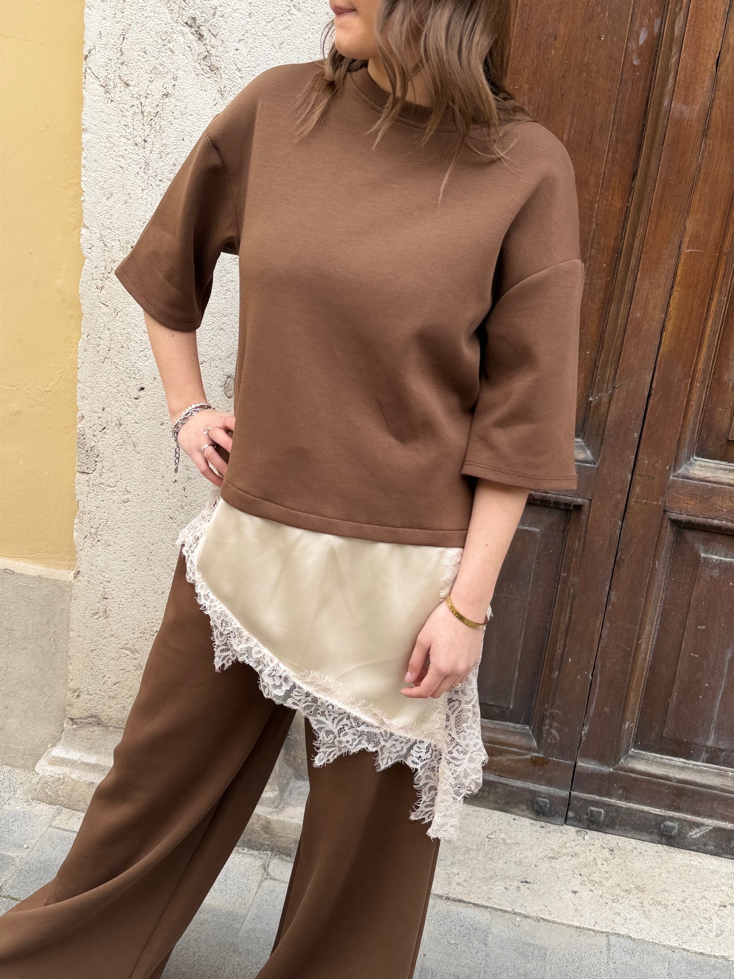 T-shirt in punto milano CIOCCOLATO inserto raso e pizzo