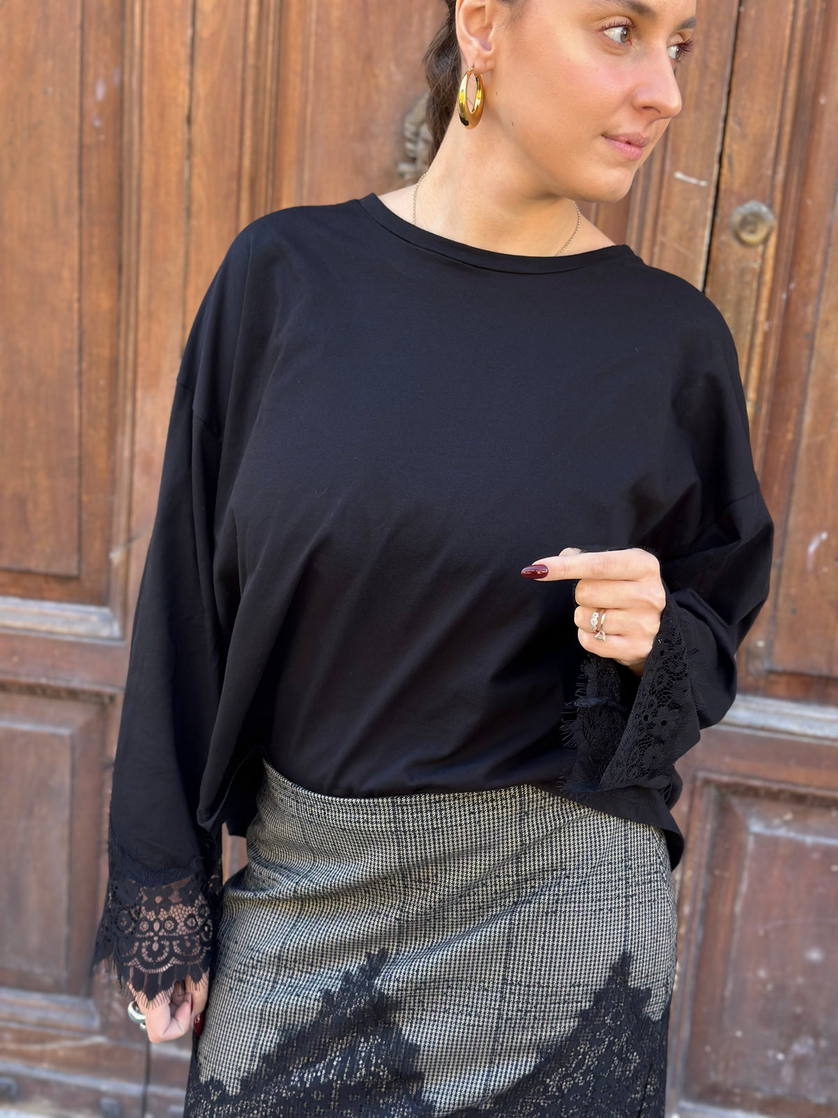 Tensione in T-shirt pizzo NERO/NERO