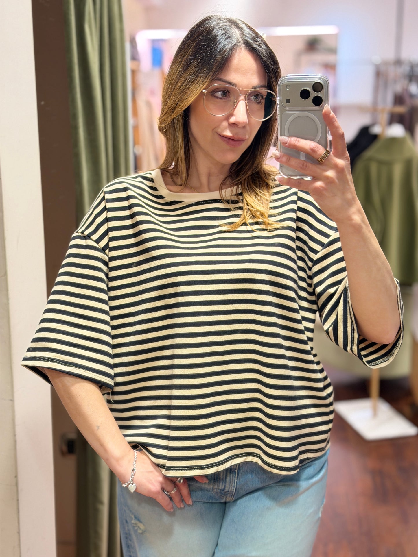 T-shirt a righe manica 3/4 Burro/ Nero