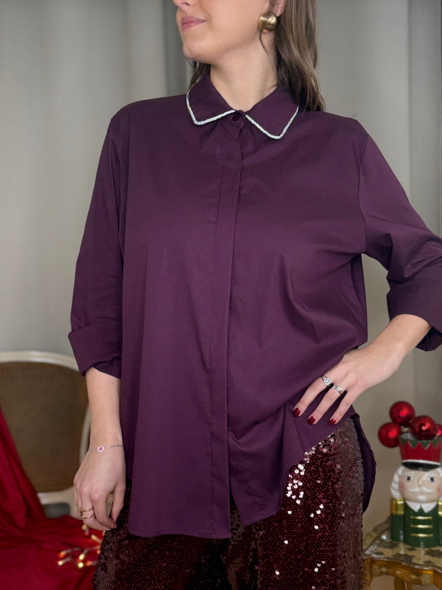 Camicia colletto profilato con micro strass BORDEAUX