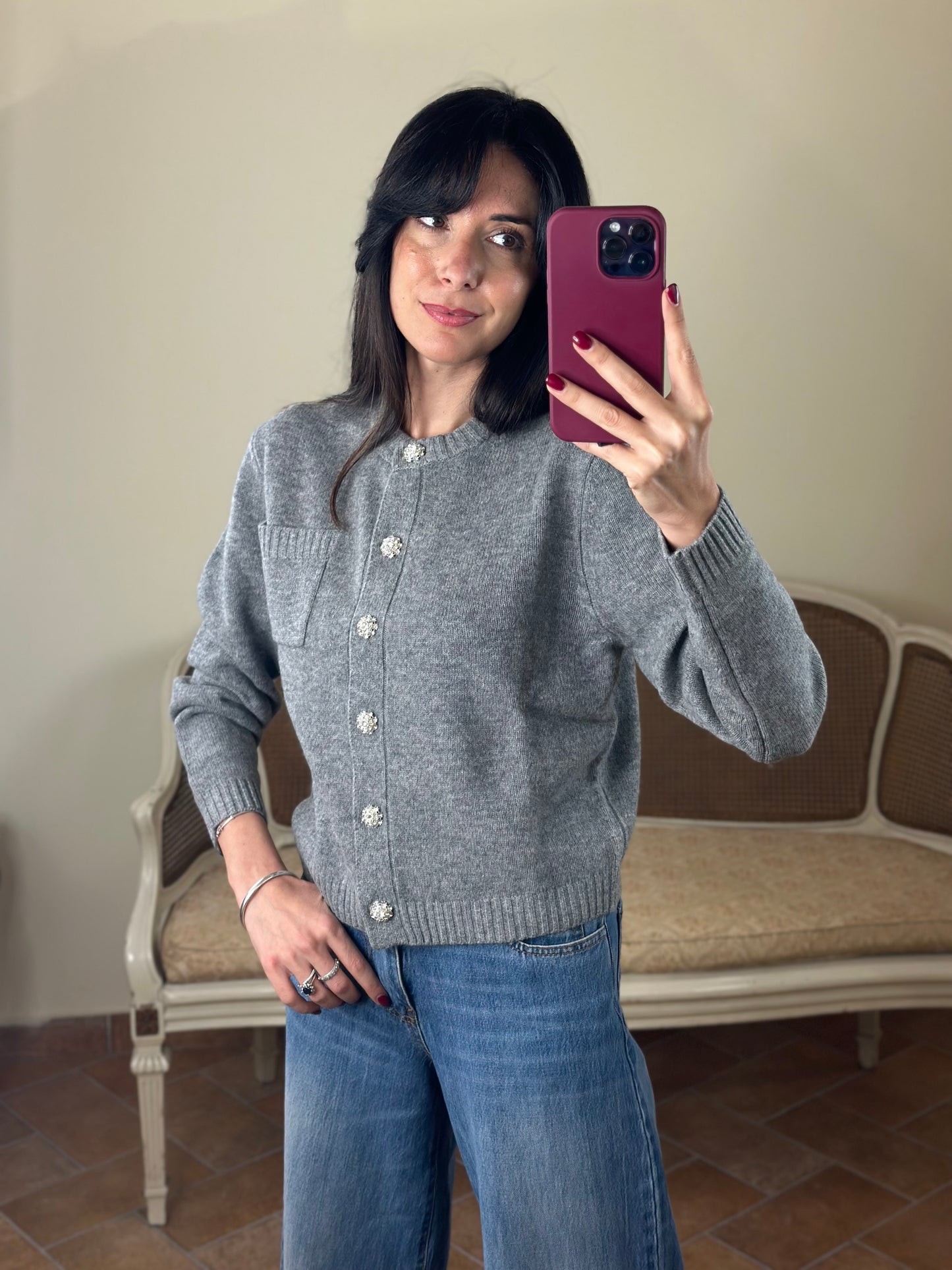 Cardigan GIORGIA con bottoni gioiello misto cashmere GRIGIO