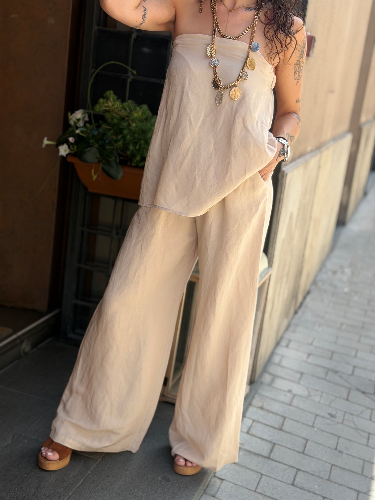 Tensione in Completo Top+Pantalone Gesso e tabacco