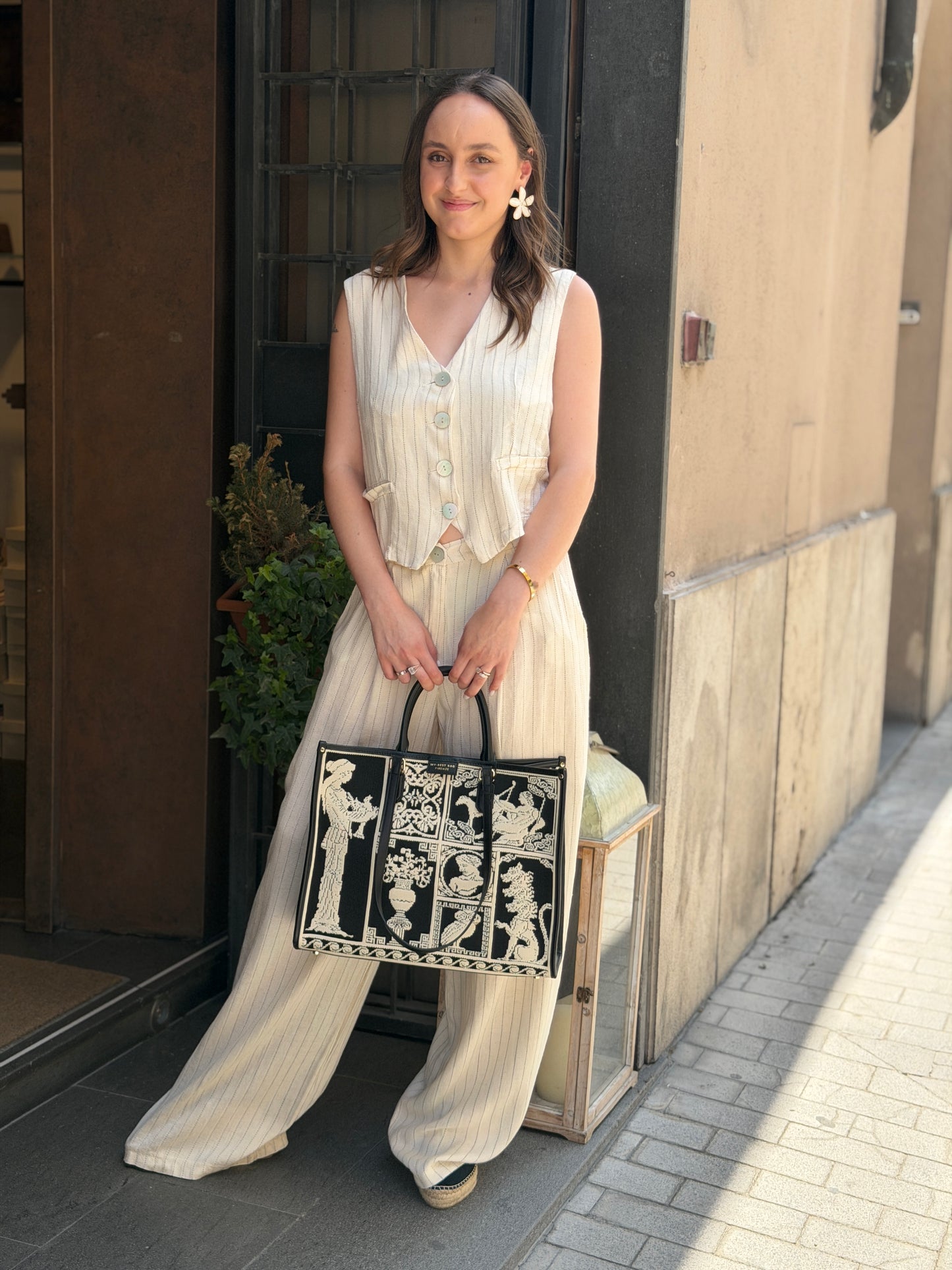 Gilet misto lino a righe Panna