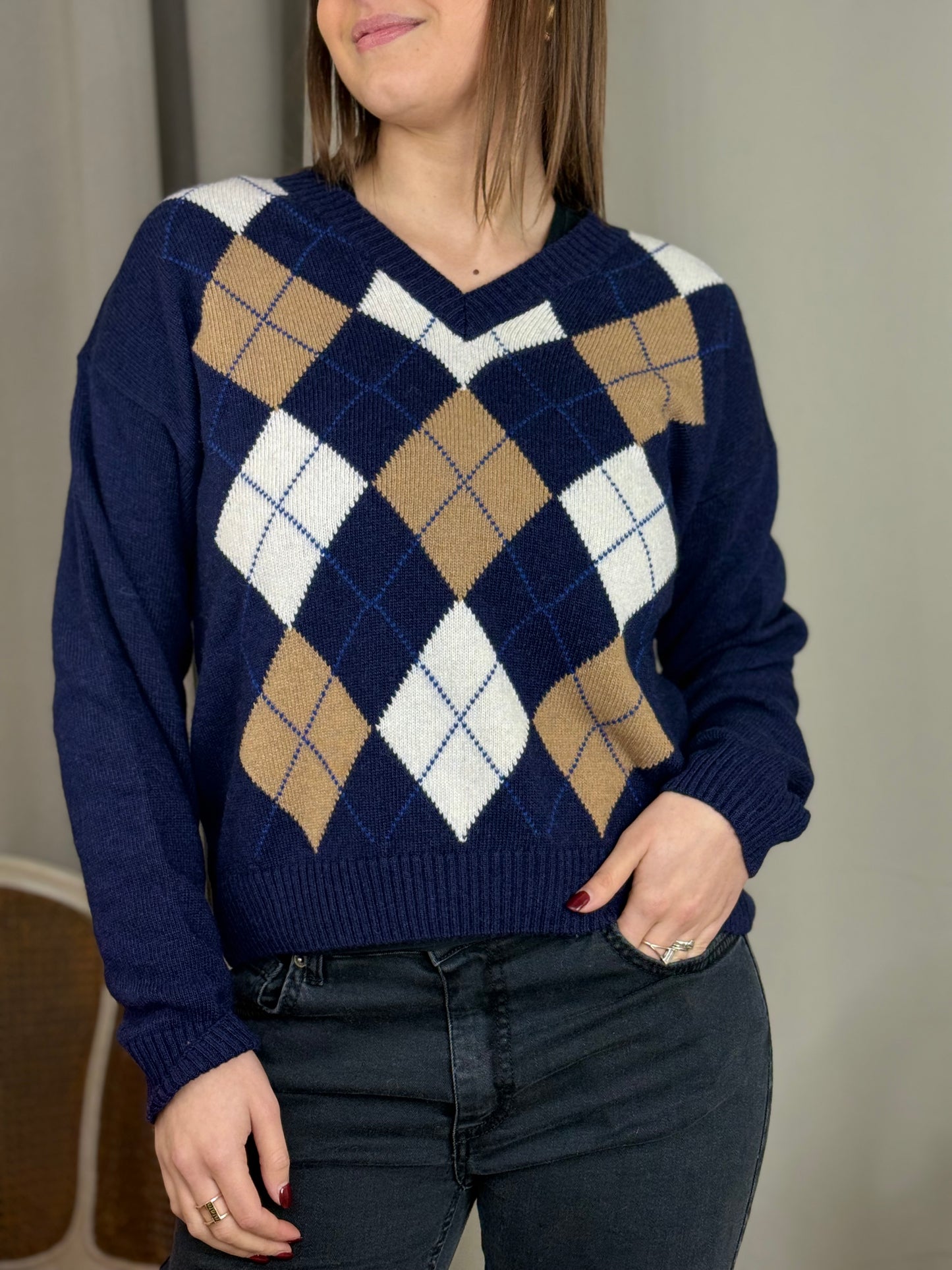 Tensione In maglia a V rombi BLU/BURRO/CAMEL