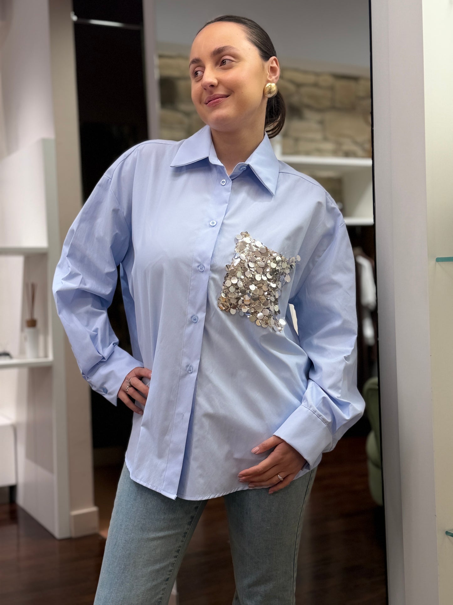 Tensione in camicia taschino paillettes CELESTE