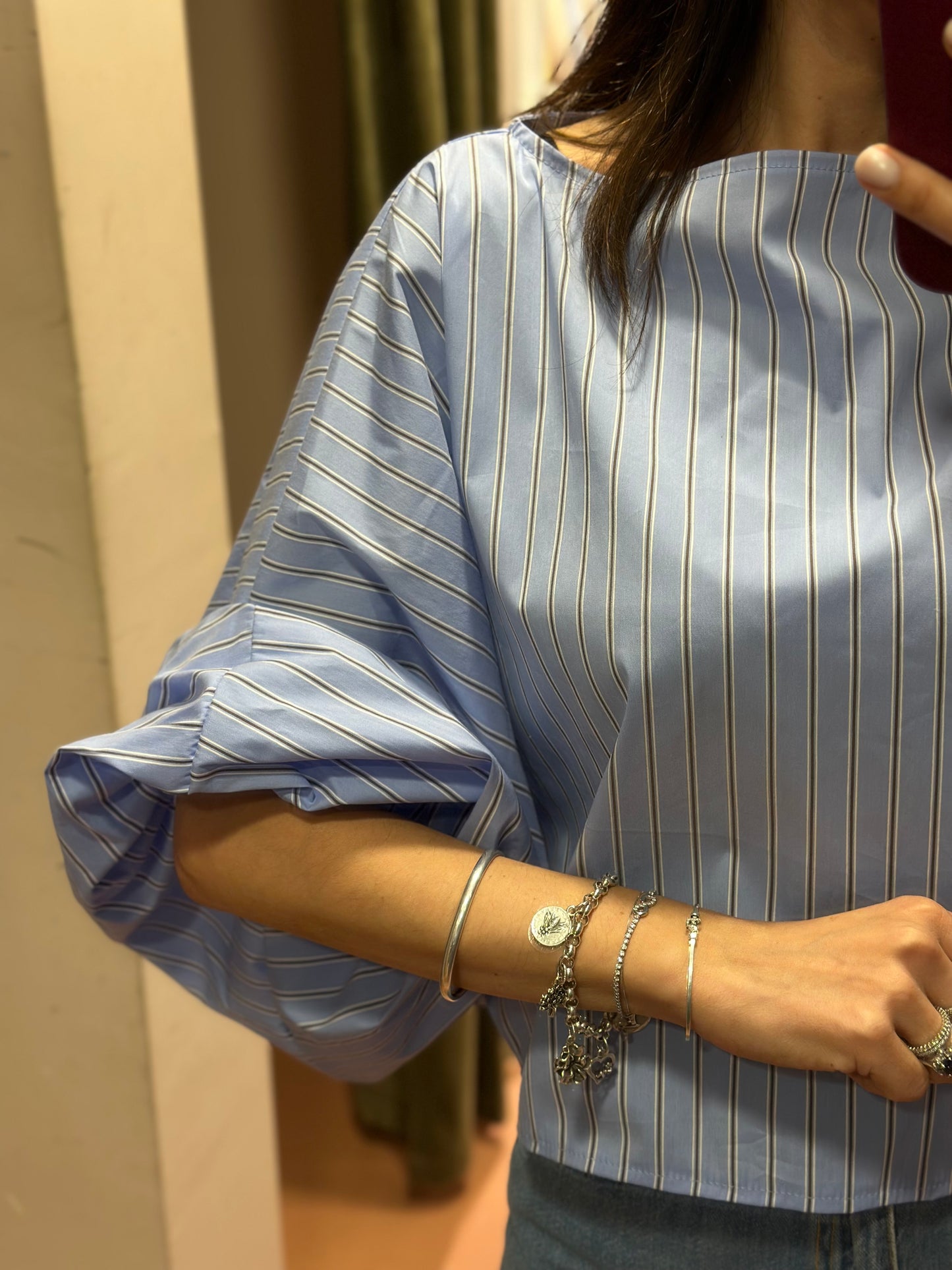 Blusa INES a righe celeste/moro manica a palloncino