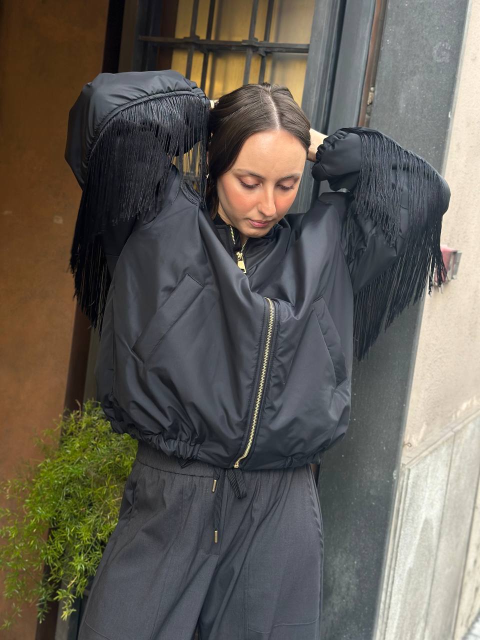 Tensione In Bomber con frange NERO