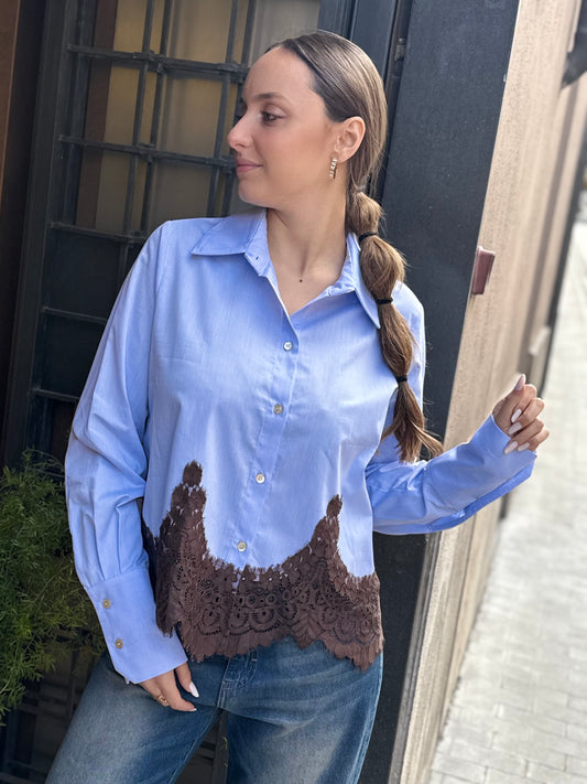 Tensione in Camicia oxford con pizzo CELESTE/MORO