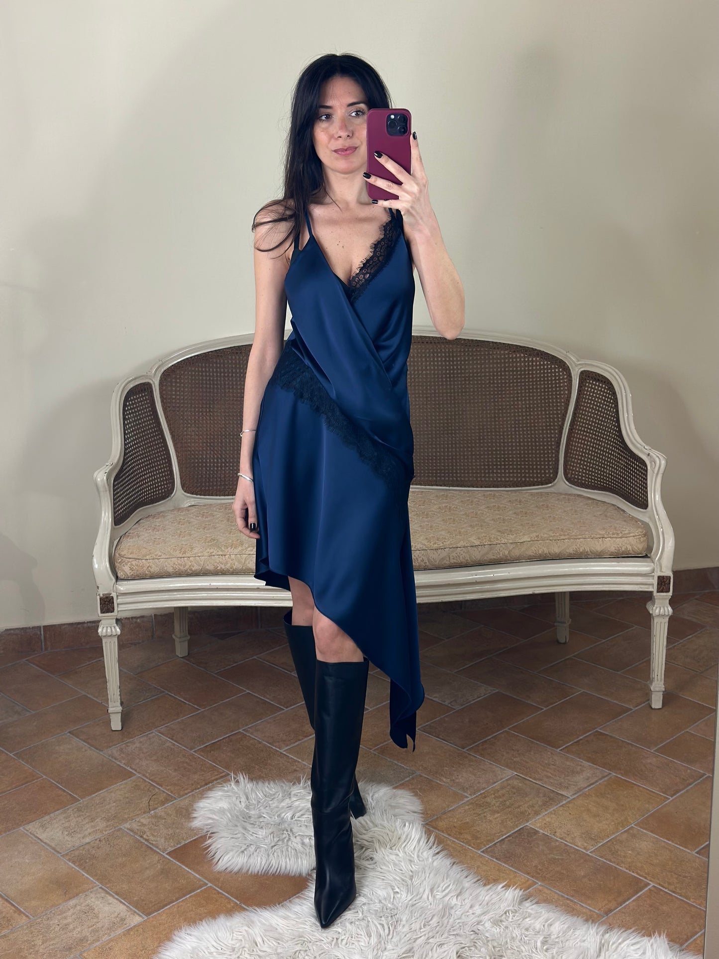 Slip dress satinato BLU con pizzo nero