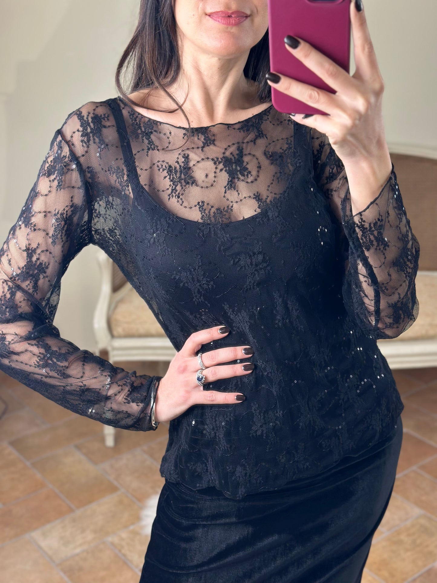 Maglia in pizzo NERA con micro paillettes