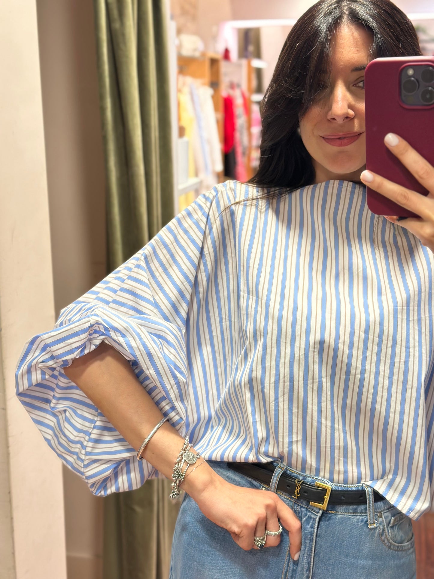 Blusa INES a righe bianco/celeste manica a palloncino