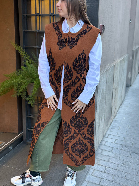 Tensione in Gilet lungo arabesque TABACCO