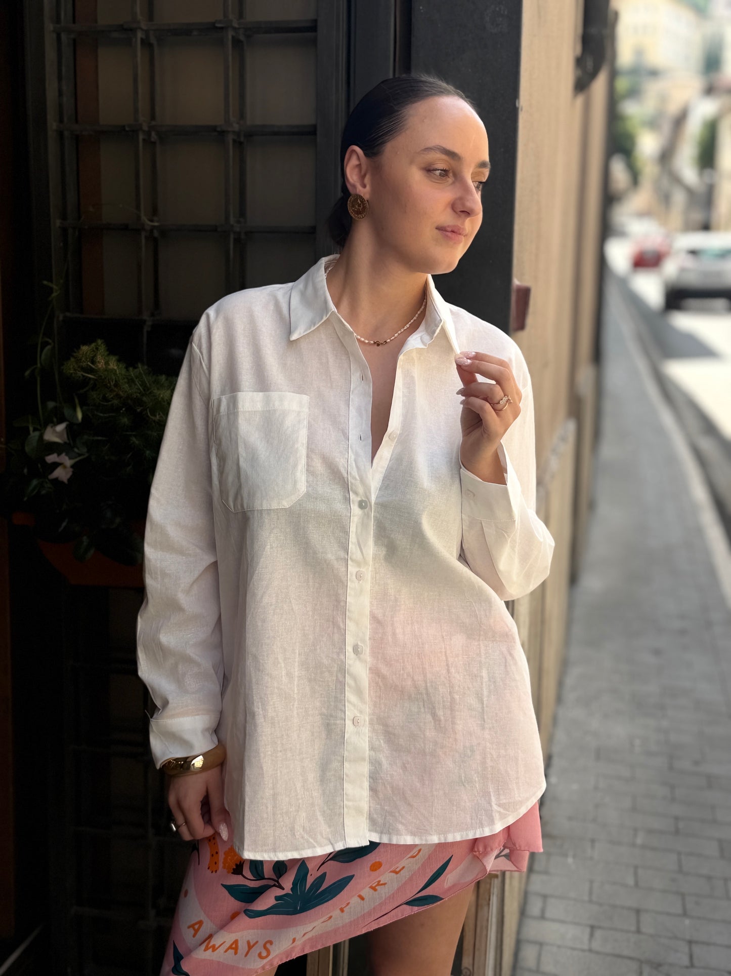 Camicia cotone e lino GESSO/ CIELO