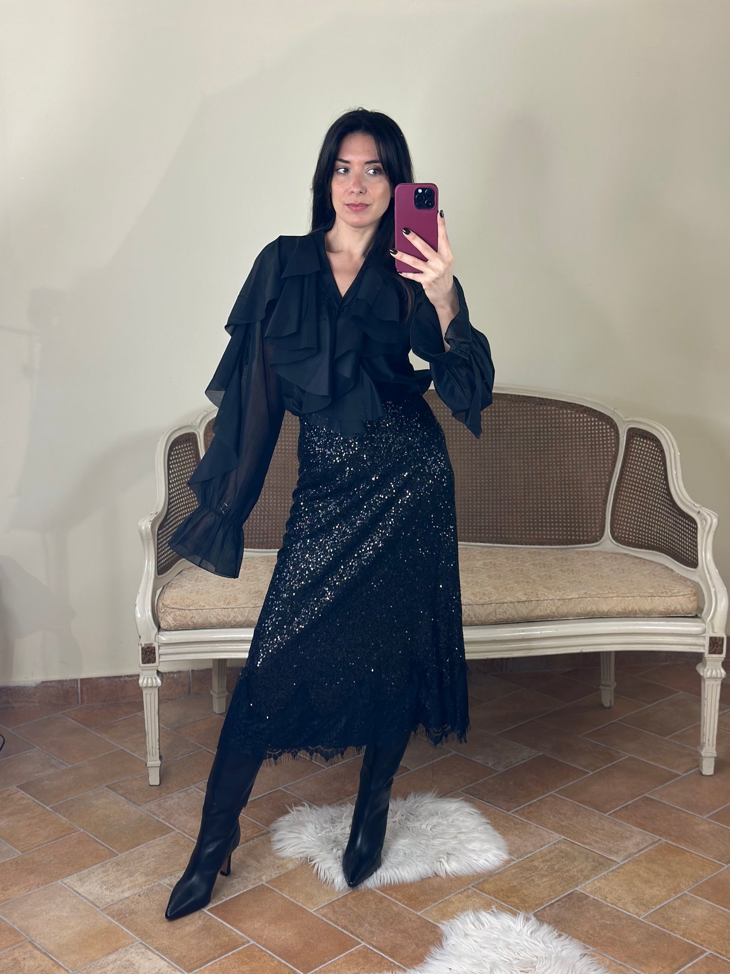 Gonna midi NERA con paillettes e pizzo