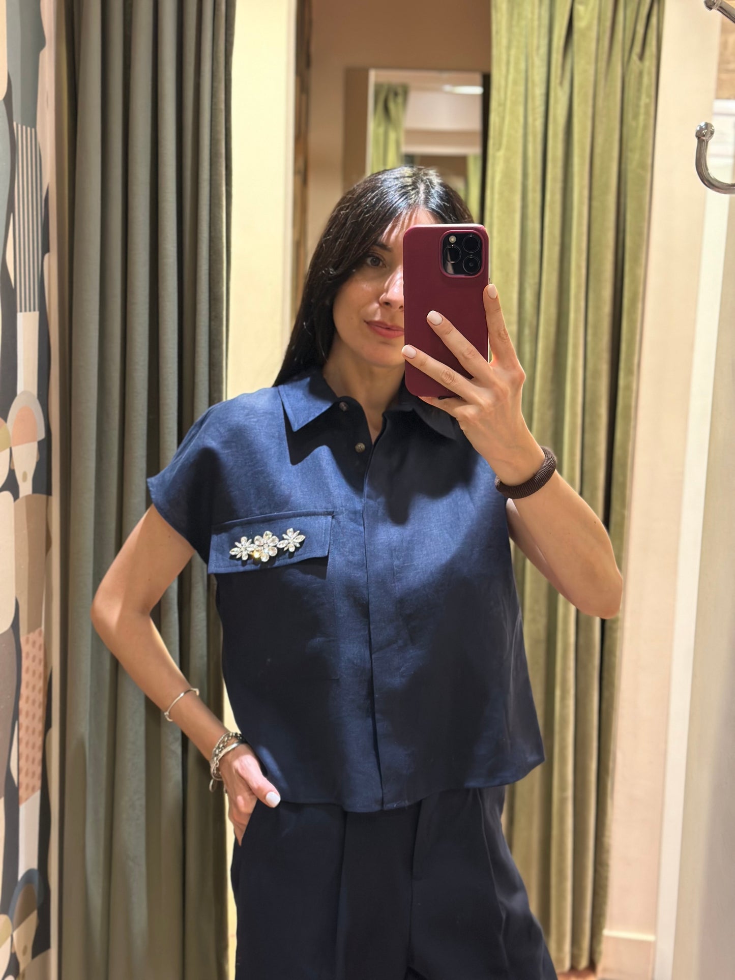 Tensione In - Camicia in lino taschino gioiello Blu