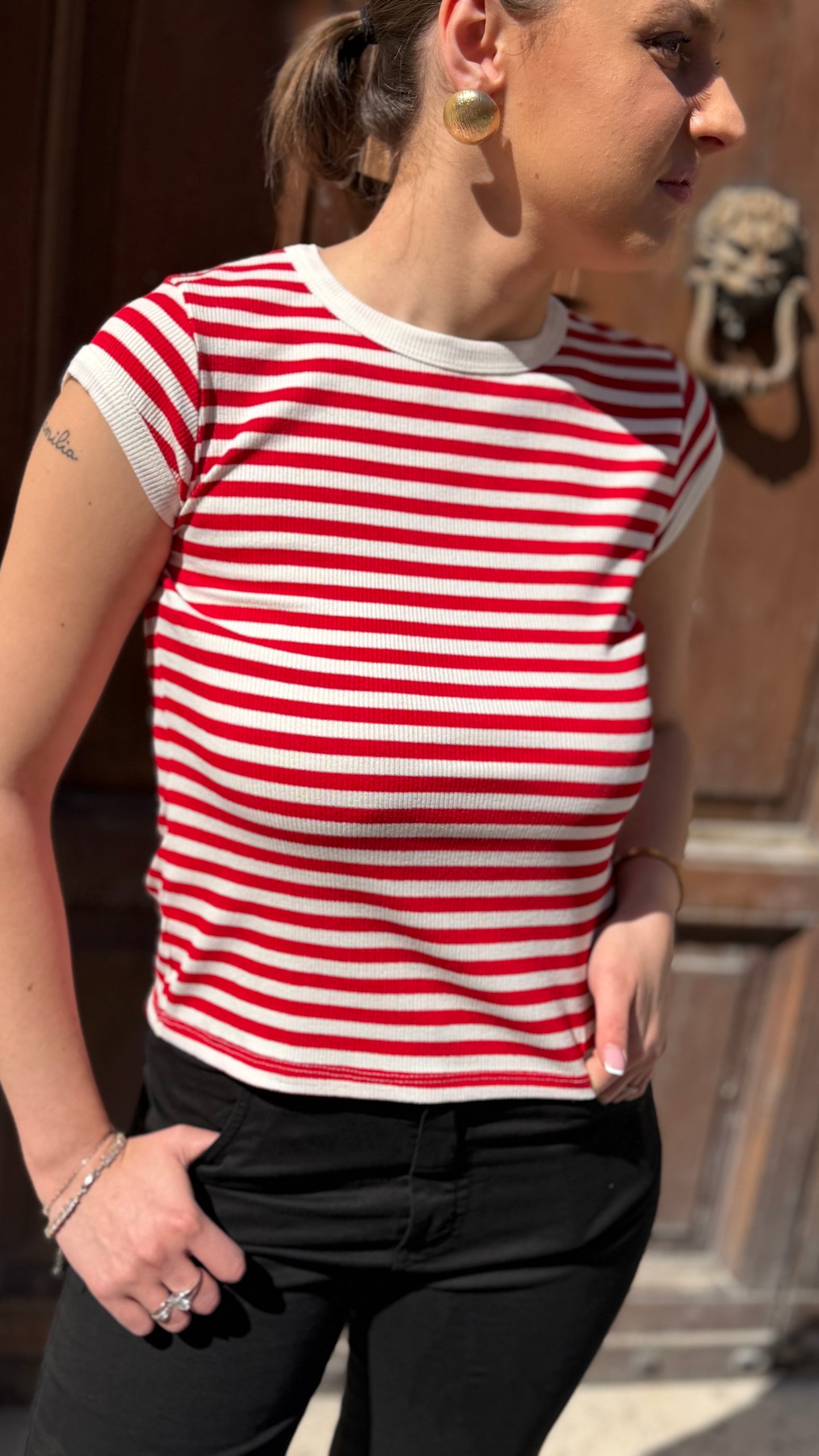 Tensione in t-shirt costina rigata Bianco/rosso