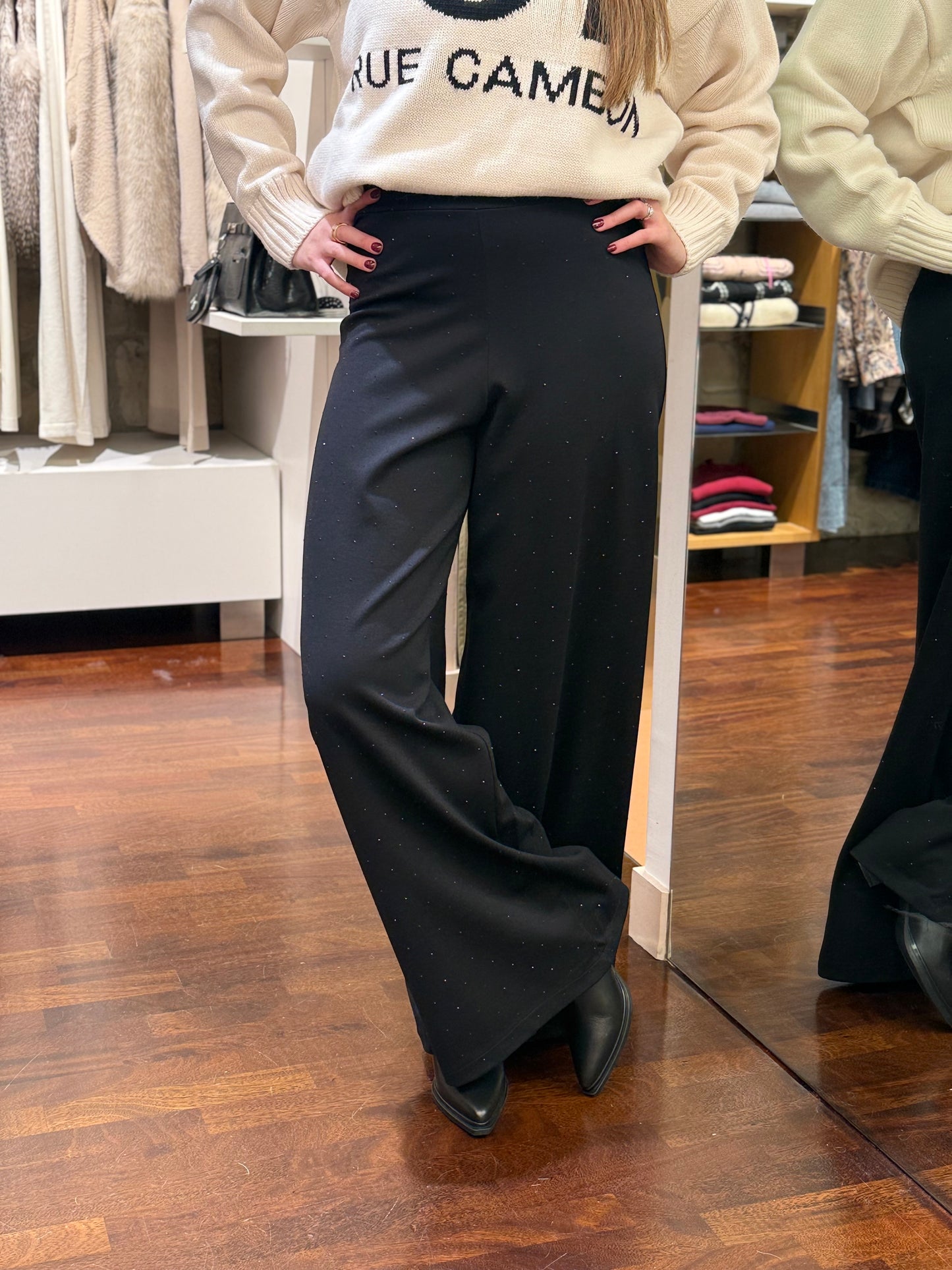 Pantalone a palazzo punto milano con micro strass NERO