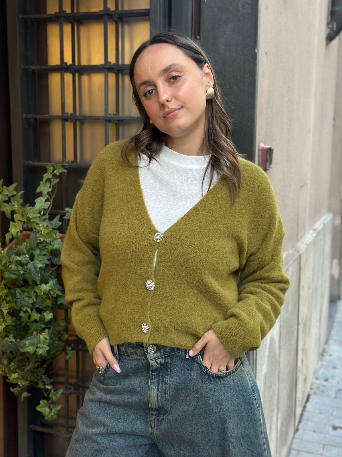 Cardigan alpaca con bottone gioiello (disp.in più colori)