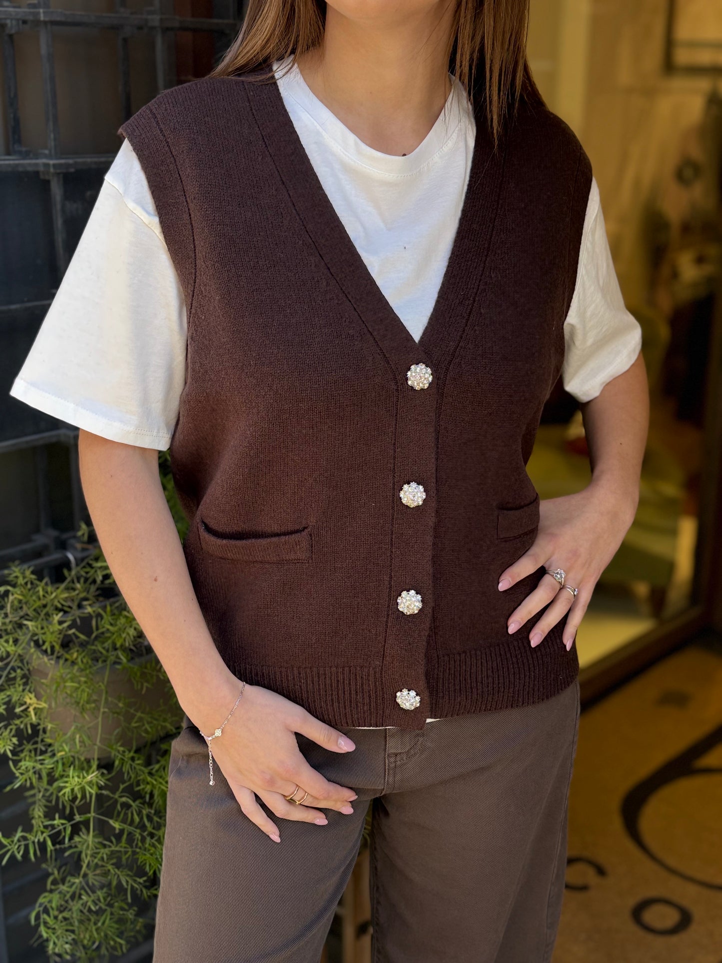 Gilet CELINE bottoni gioiello scollo a V CIOCCOLATO