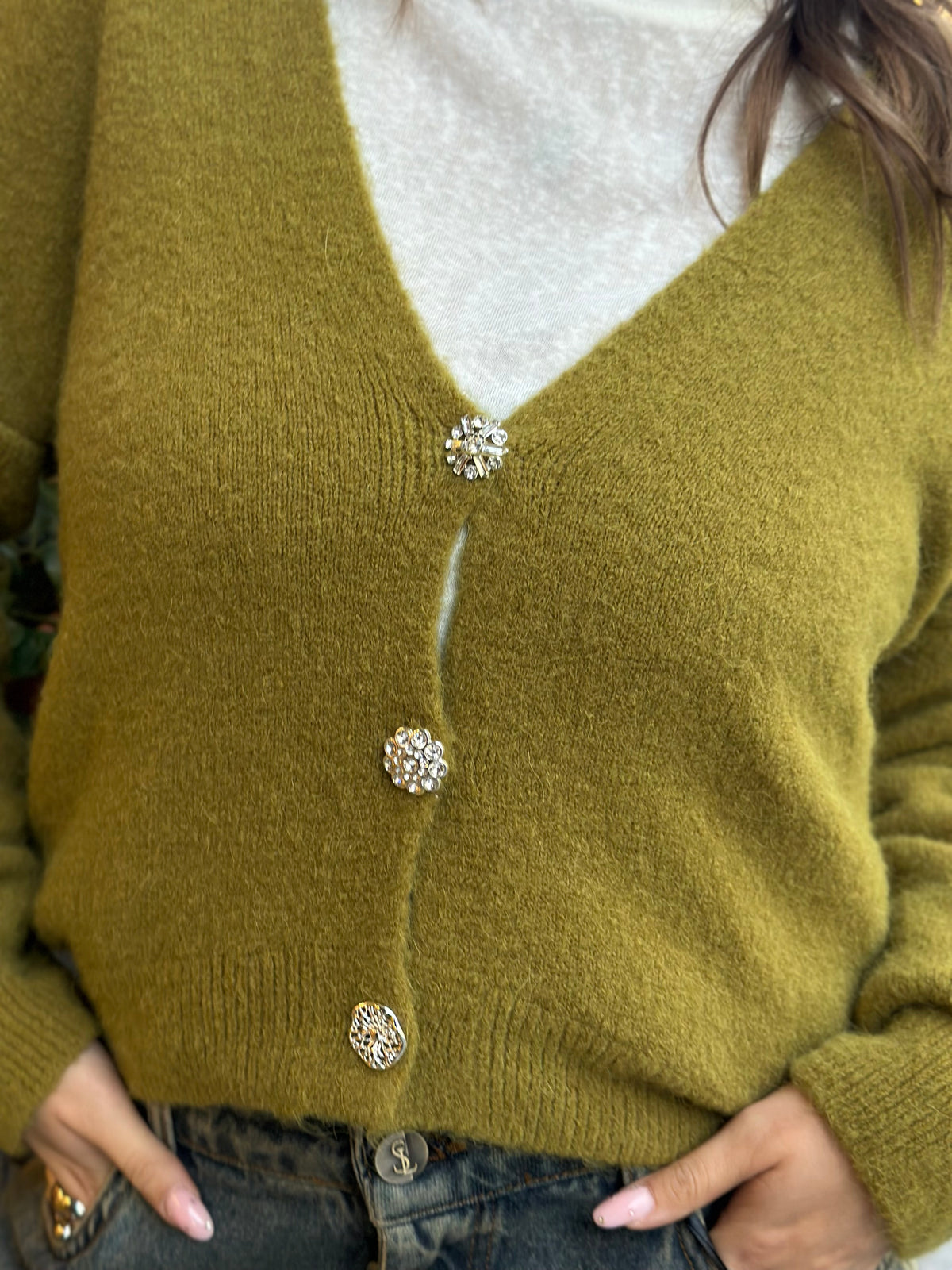 Cardigan alpaca con bottone gioiello (disp.in più colori)