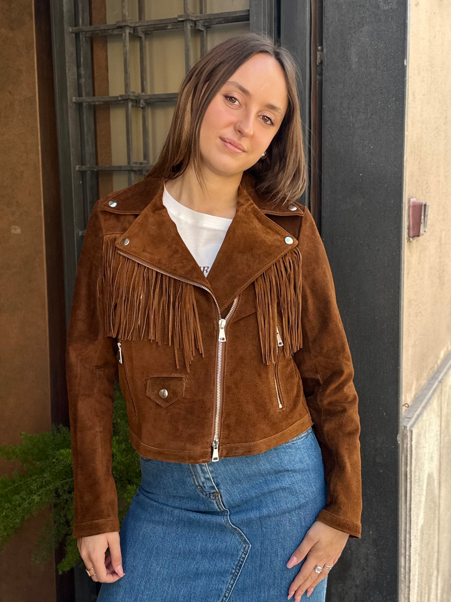 Chiodo in VERA PELLE con frange COGNAC