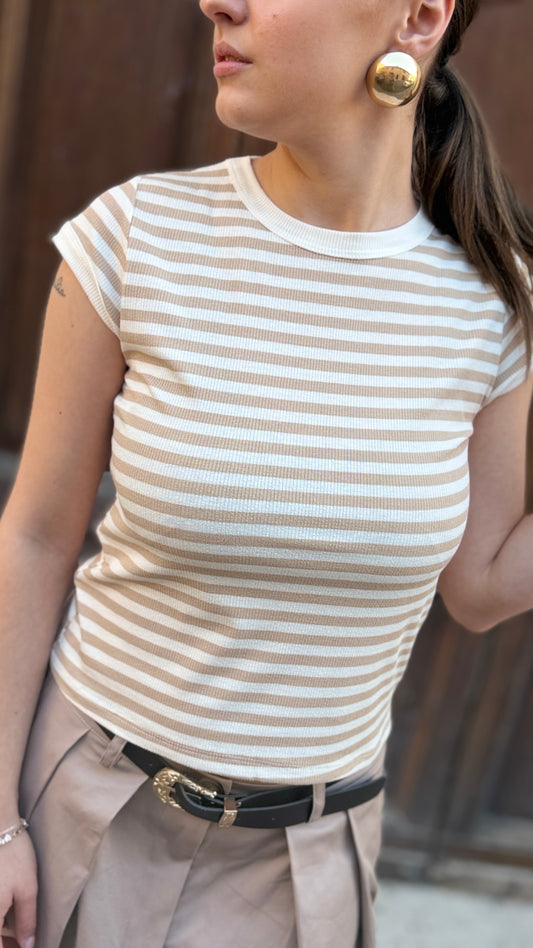Tensione in t-shirt costina rigata Bianco/camel