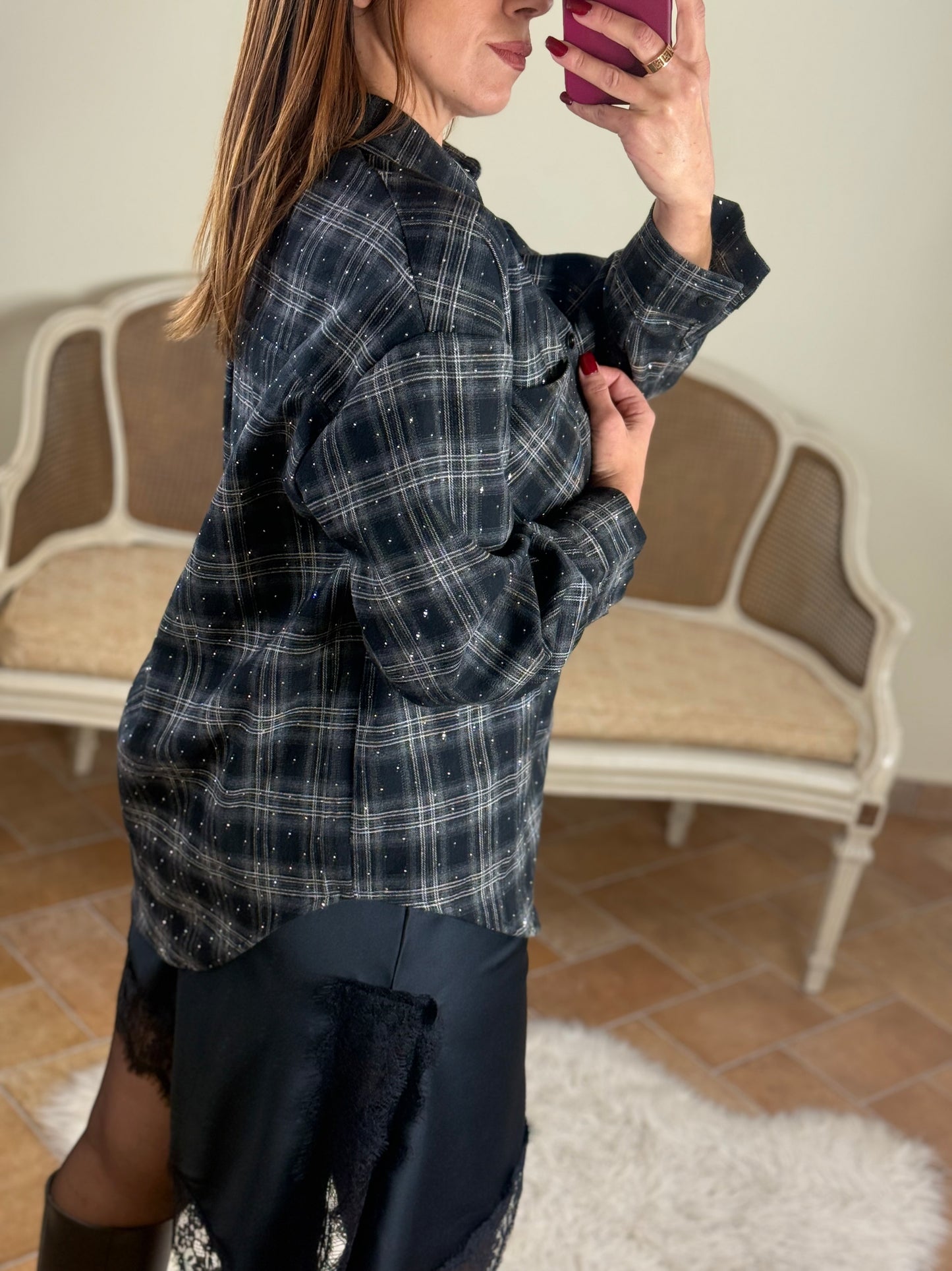 Camicia JOY quadri con punti luce NERO/BIANCO