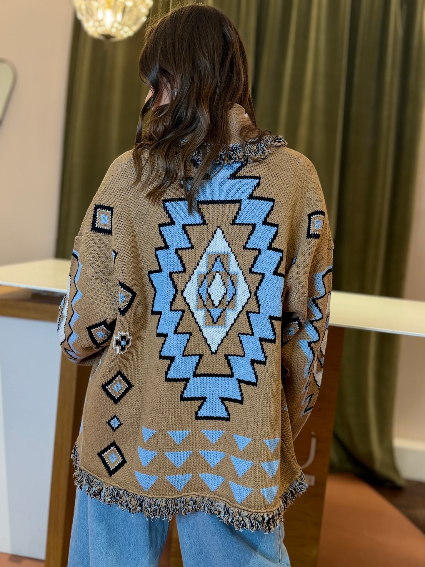 Tensione in cardigan rombo con frange CAMEL/AZZURRO/BURRO