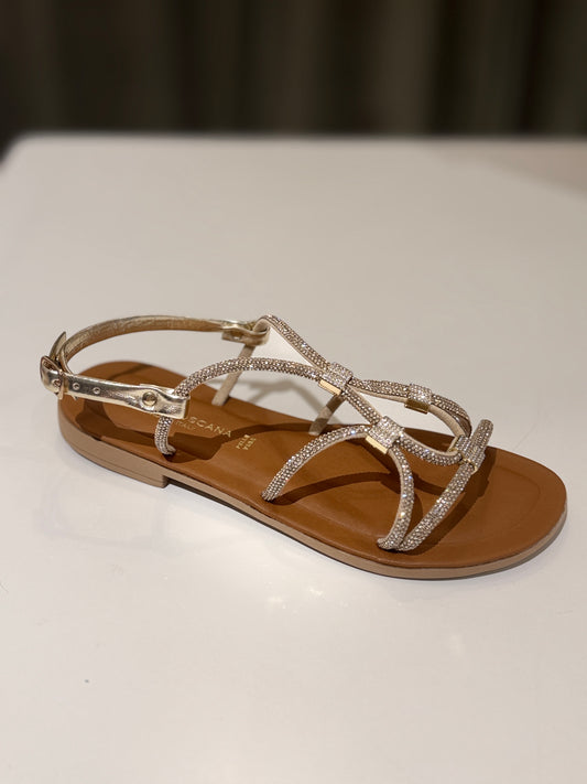 Donna Toscana Sandalo Flat strass con cinturino Platino