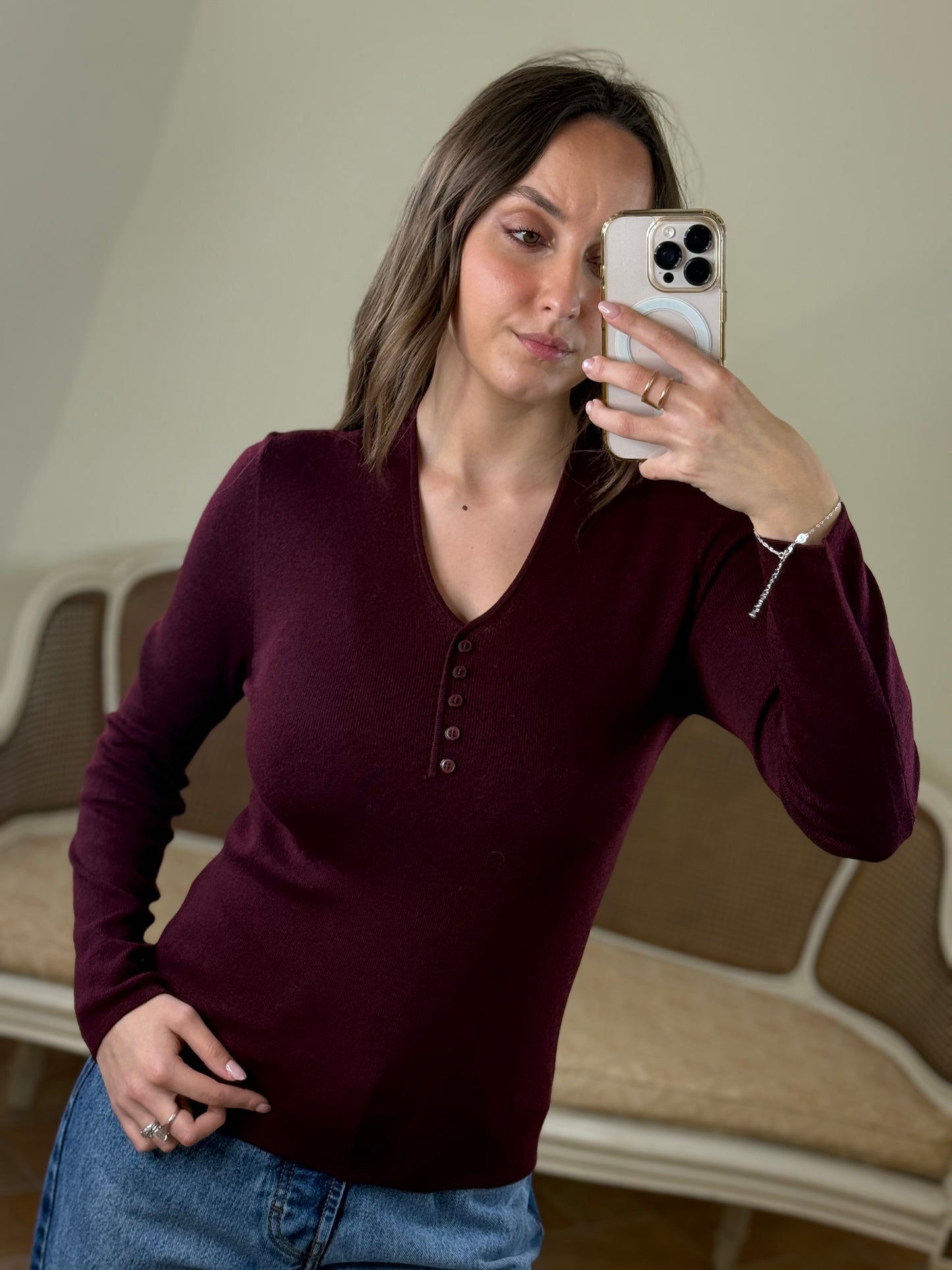 Maglia scollo serafino misto lana merino BORDEAUX