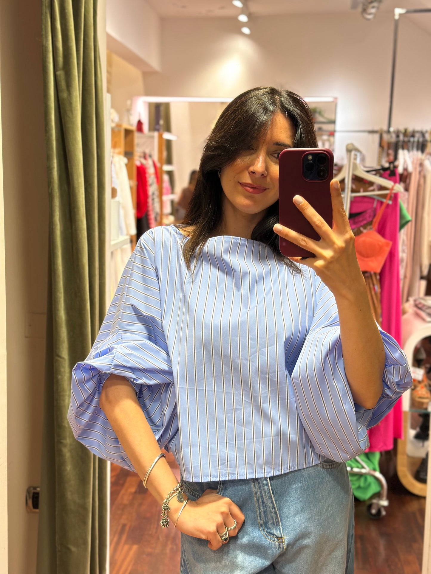 Blusa INES a righe celeste/moro manica a palloncino