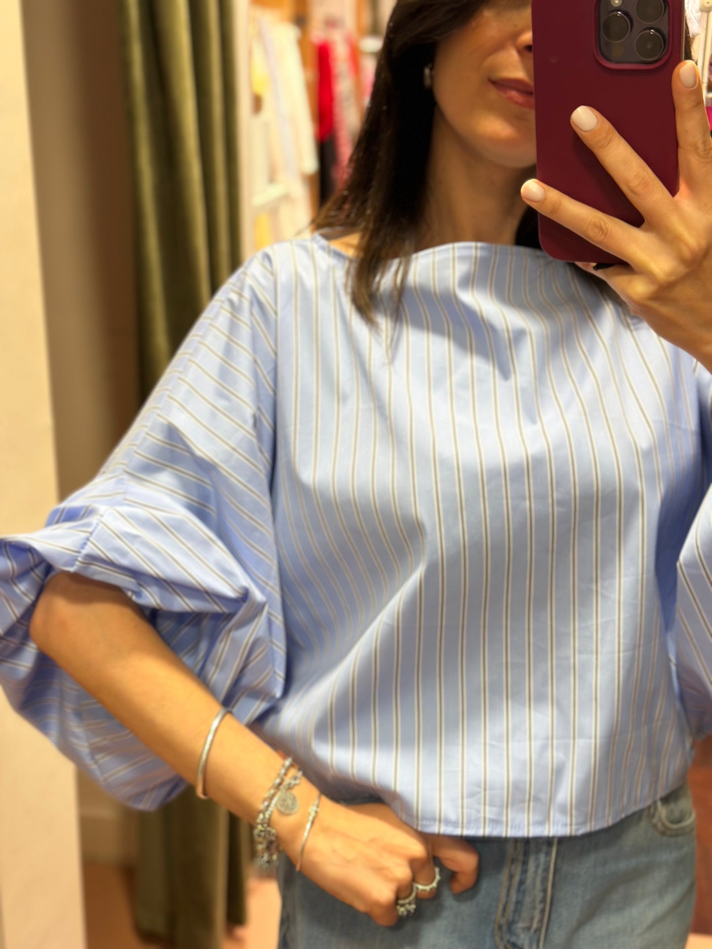Blusa INES a righe celeste/moro manica a palloncino