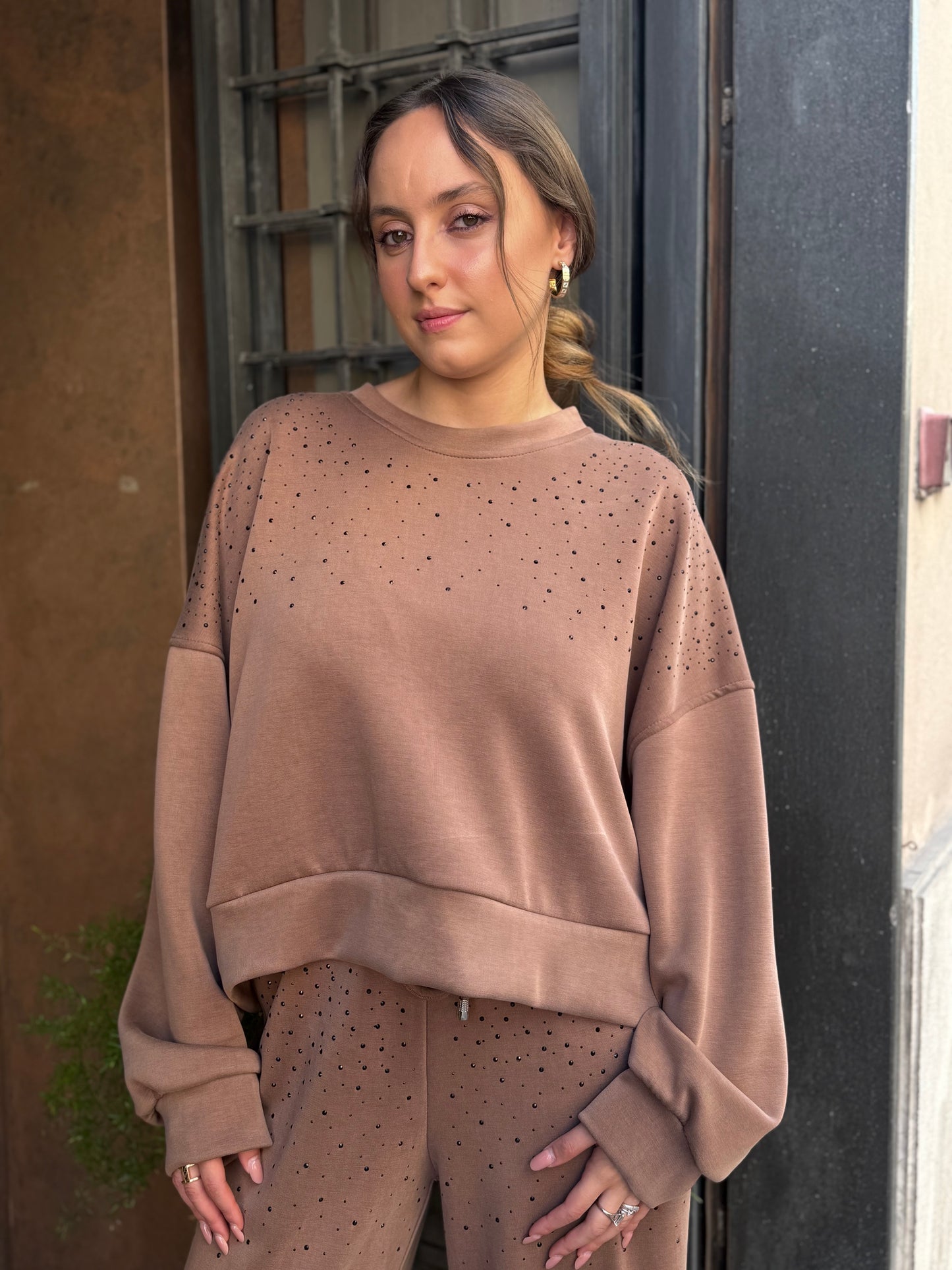 Felpa in modal con strass BEIGE