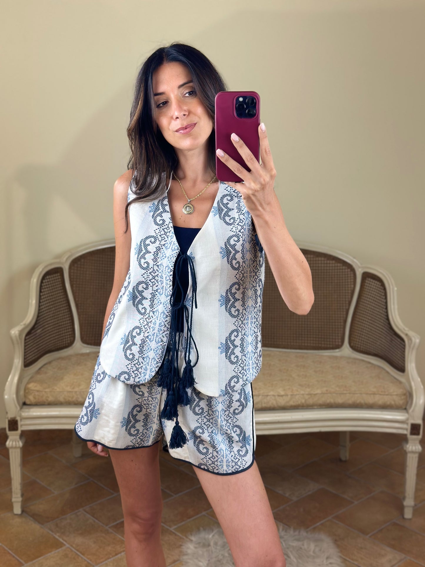 Tensione in Gilet fantasia e nappine BIANCO/BLU/CELESTE